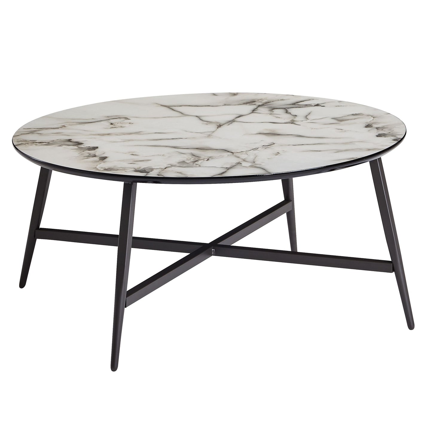 Couchtisch Rund 88 mal 37 mal 88 cm mit Marmor Optik Weiss Wohnzimmertisch mit Metall Beine Schwarz Moderner Dekotisch