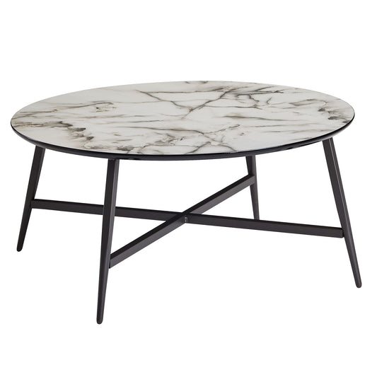 Couchtisch Rund 88 mal 37 mal 88 cm mit Marmor Optik Weiss Wohnzimmertisch mit Metall Beine Schwarz Moderner Dekotisch