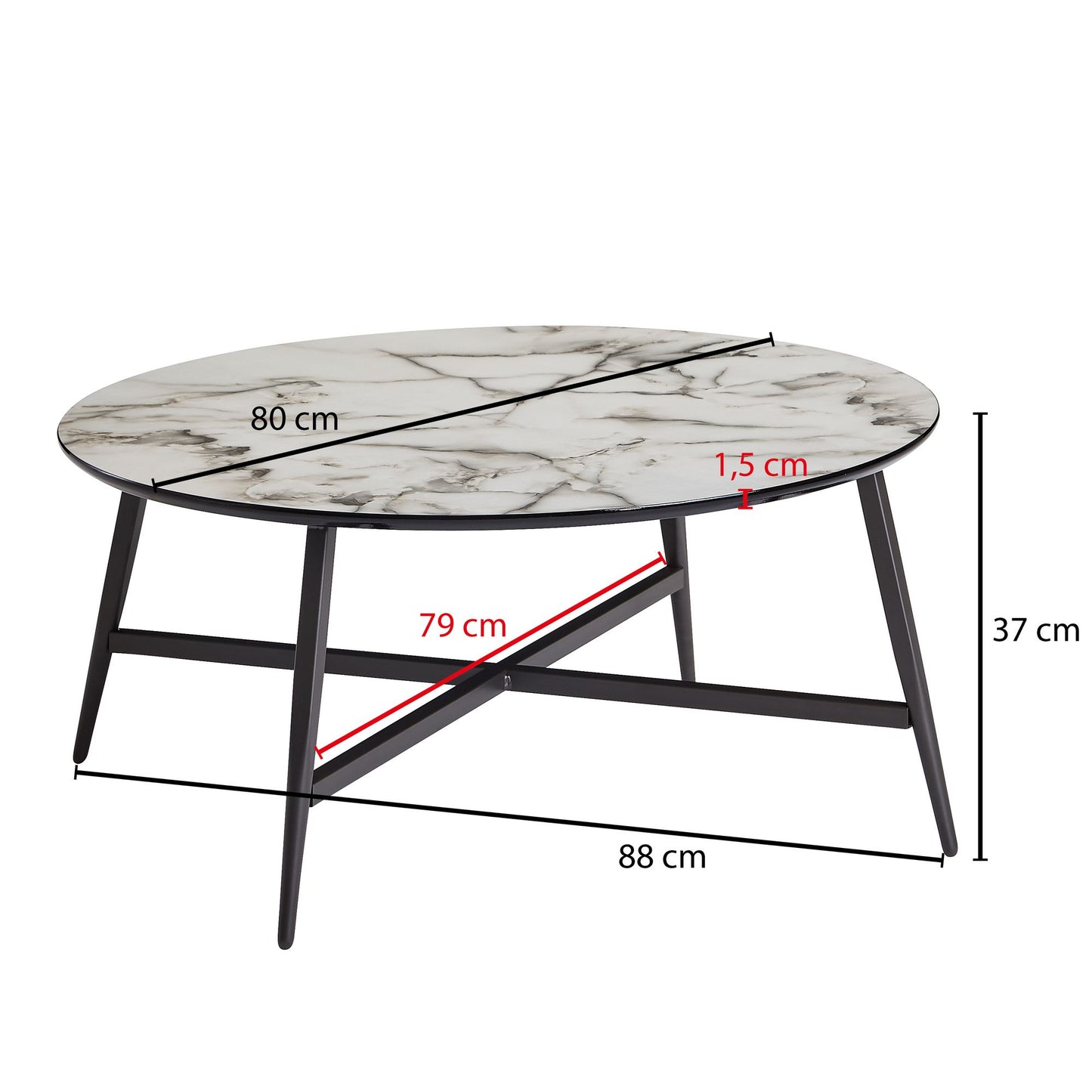 Couchtisch Rund 88 mal 37 mal 88 cm mit Marmor Optik Weiss Wohnzimmertisch mit Metall Beine Schwarz Moderner Dekotisch
