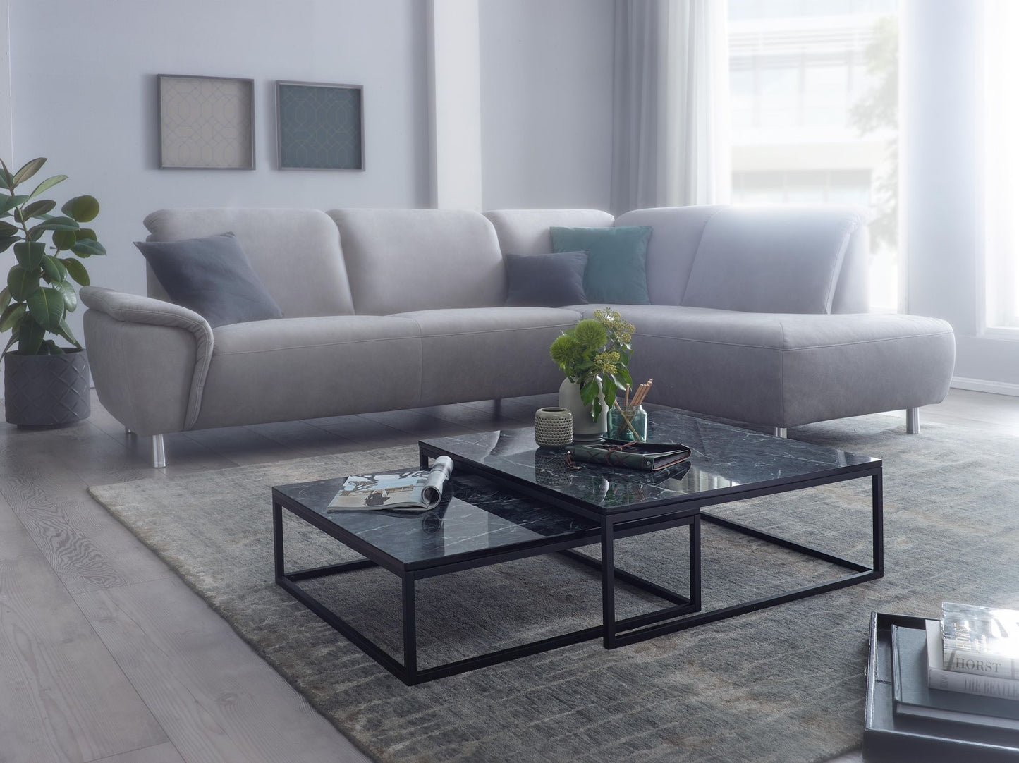 Design Couchtisch 2er Set Schwarz Marmor Optik Eckig Couchtische 2 teilig Tischgestell Metall Edle Wohnzimmertische Moderne Satztische