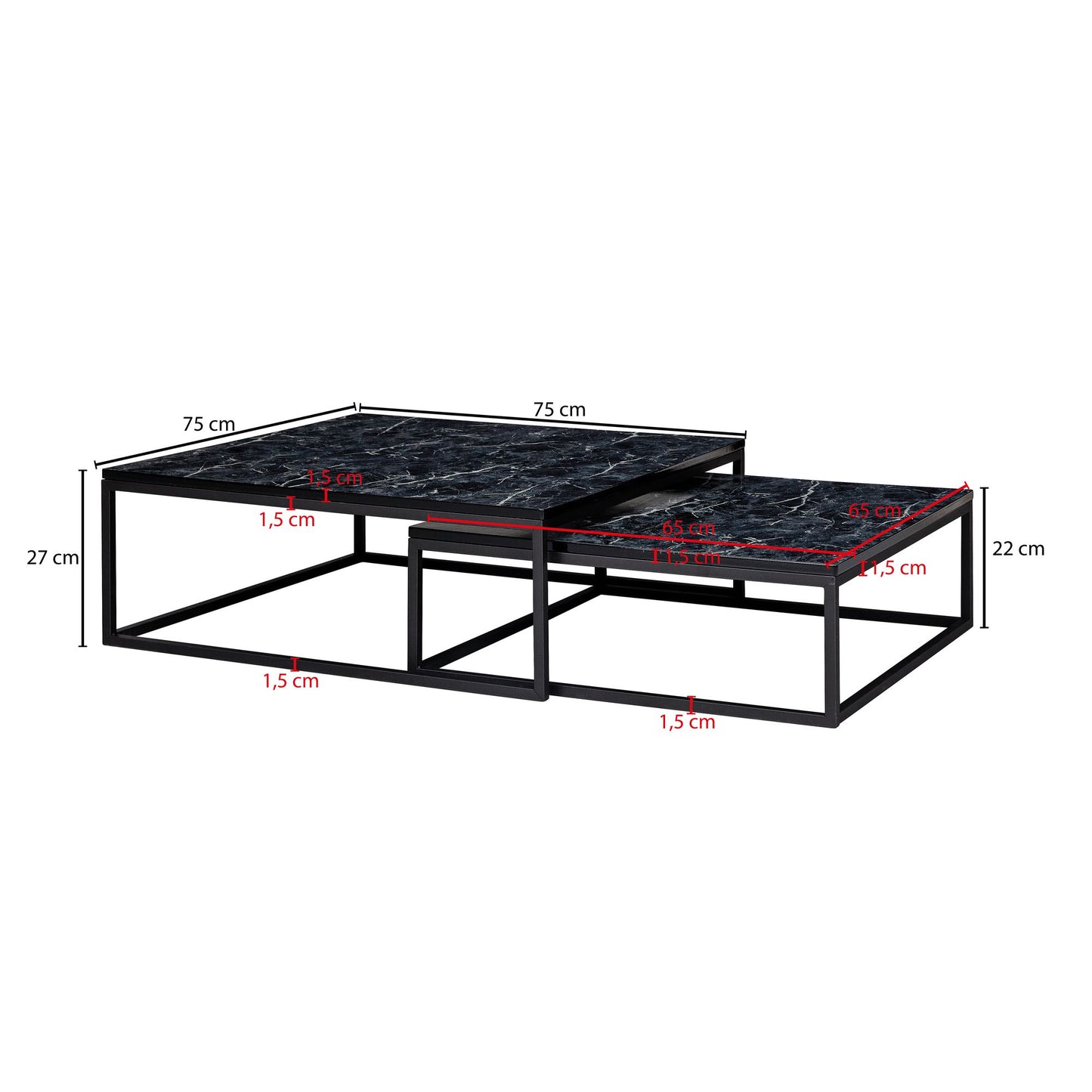 Design Couchtisch 2er Set Schwarz Marmor Optik Eckig Couchtische 2 teilig Tischgestell Metall Edle Wohnzimmertische Moderne Satztische