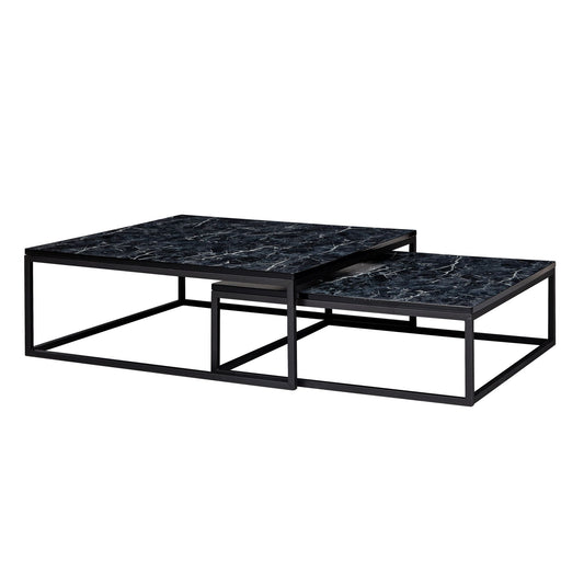 Design Couchtisch 2er Set Schwarz Marmor Optik Eckig Couchtische 2 teilig Tischgestell Metall Edle Wohnzimmertische Moderne Satztische