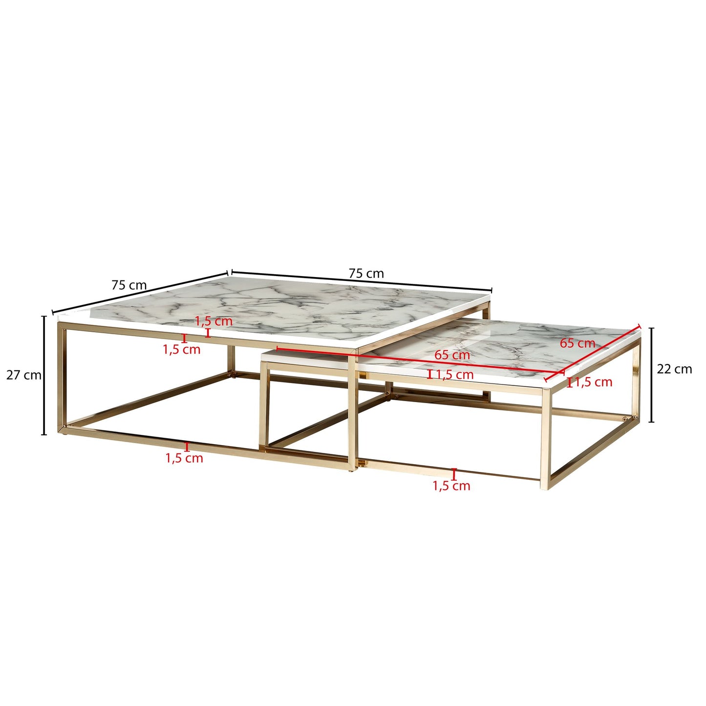 Design Couchtisch 2er Set Weiss Marmor Optik Eckig Couchtische 2 teilig Tischgestell Metall Gold Edle Wohnzimmertische Moderne Satztische