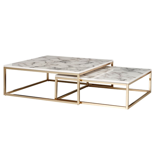 Design Couchtisch 2er Set Weiss Marmor Optik Eckig Couchtische 2 teilig Tischgestell Metall Gold Edle Wohnzimmertische Moderne Satztische