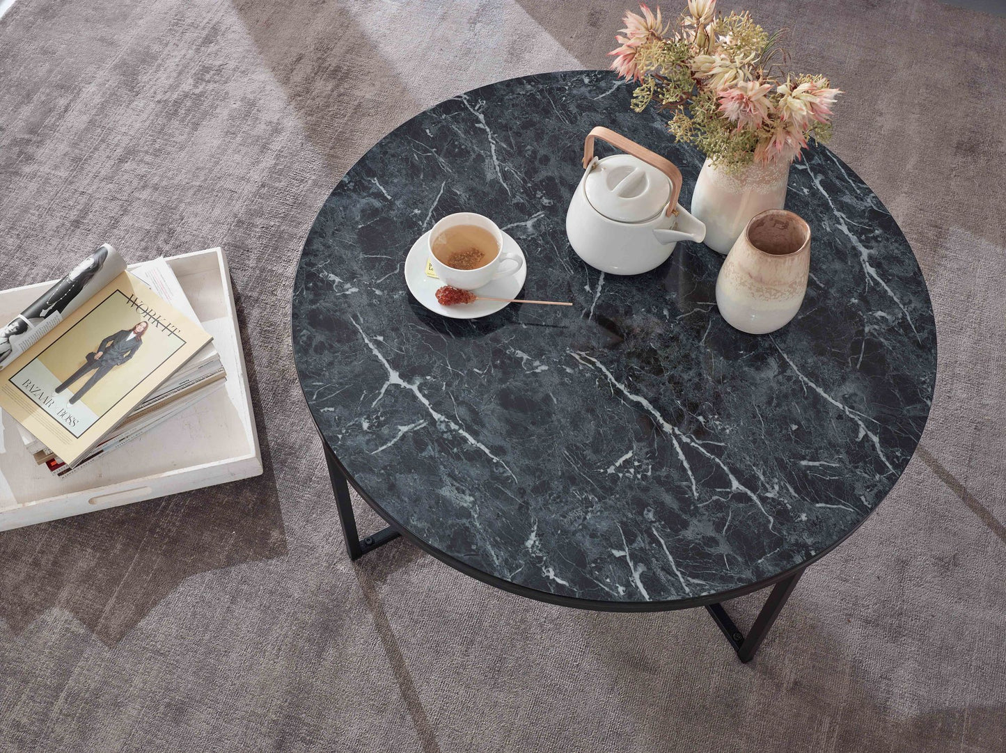 Couchtisch 80 mal 36 mal 80 cm mit Marmor Optik Schwarz Wohnzimmertisch mit Metall Gestell Sofatisch Rund Tisch Wohnzimmer Beistelltisch