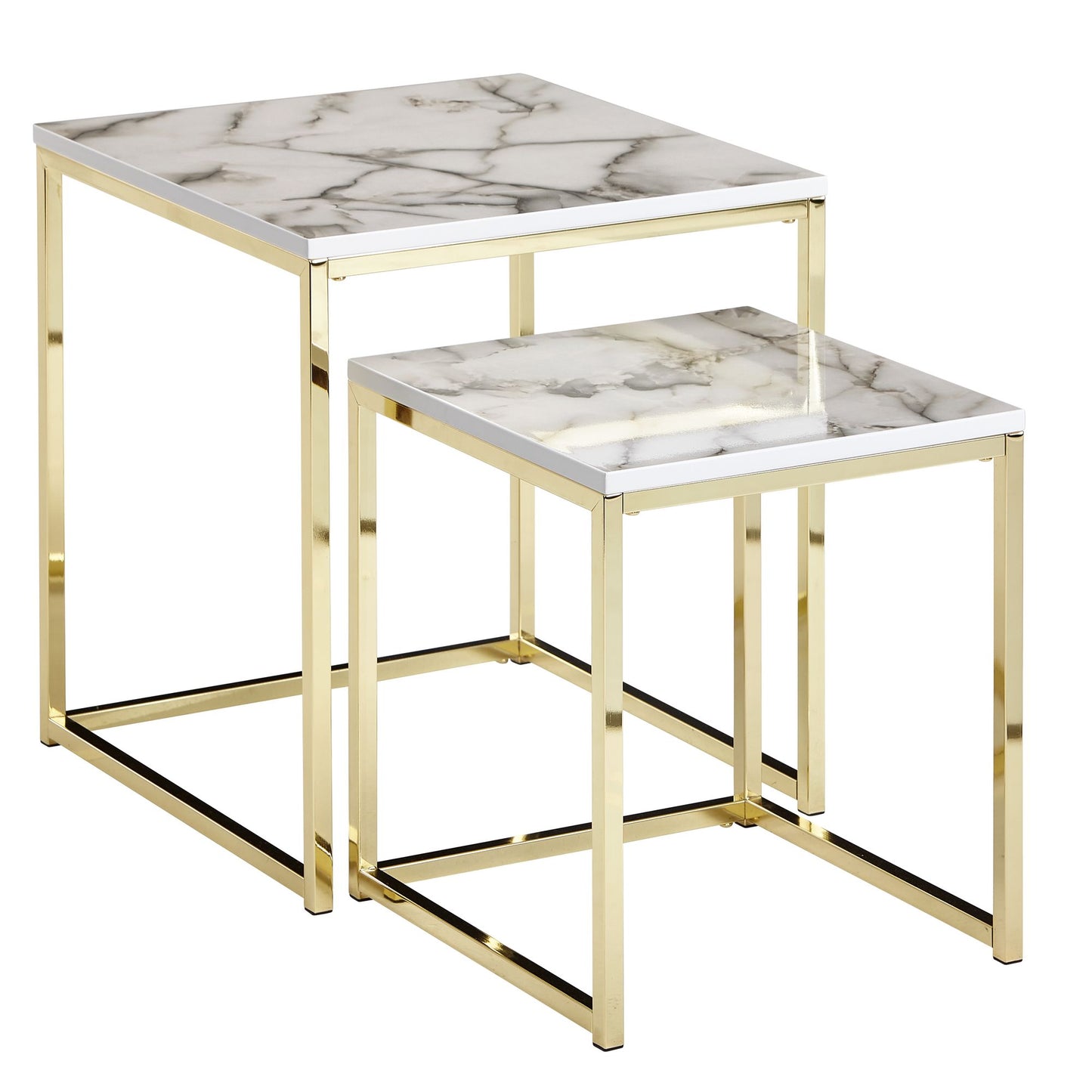 Design Beistelltisch 2er Set Weiss Marmor Optik Eckig Couchtisch 2 teilig Tischgestell Metall Gold Kleine Wohnzimmertische Moderne Satztische Quadratisch