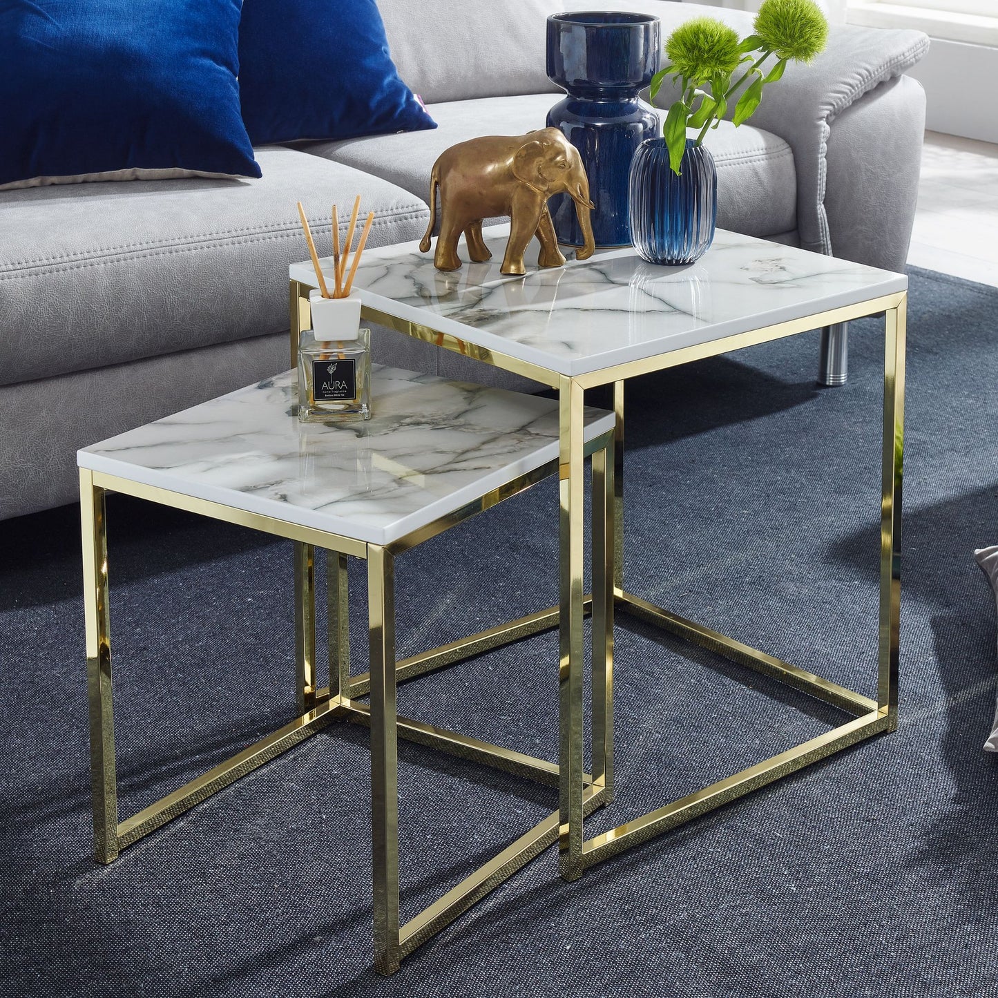 Design Beistelltisch 2er Set Weiss Marmor Optik Eckig Couchtisch 2 teilig Tischgestell Metall Gold Kleine Wohnzimmertische Moderne Satztische Quadratisch