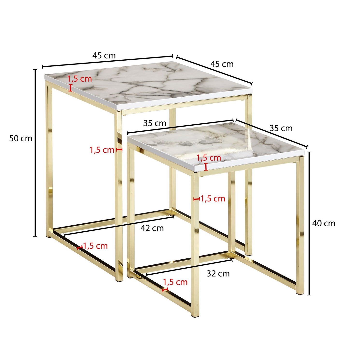 Design Beistelltisch 2er Set Weiss Marmor Optik Eckig Couchtisch 2 teilig Tischgestell Metall Gold Kleine Wohnzimmertische Moderne Satztische Quadratisch