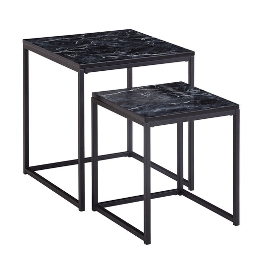 Design Beistelltisch 2er Set Schwarz Marmor Optik Eckig Couchtisch 2 teilig Tischgestell Metall Kleine Wohnzimmertische Moderne Satztische Quadratisch