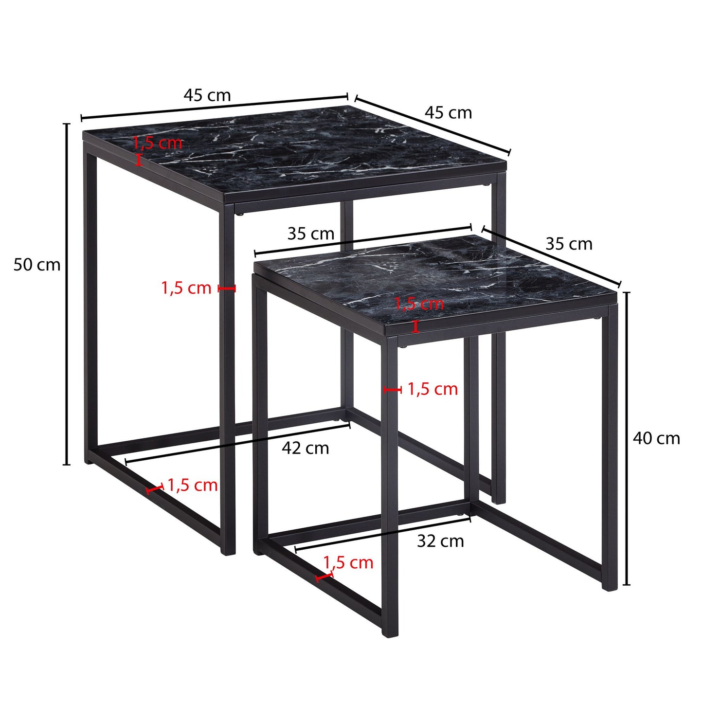 Design Beistelltisch 2er Set Schwarz Marmor Optik Eckig Couchtisch 2 teilig Tischgestell Metall Kleine Wohnzimmertische Moderne Satztische Quadratisch