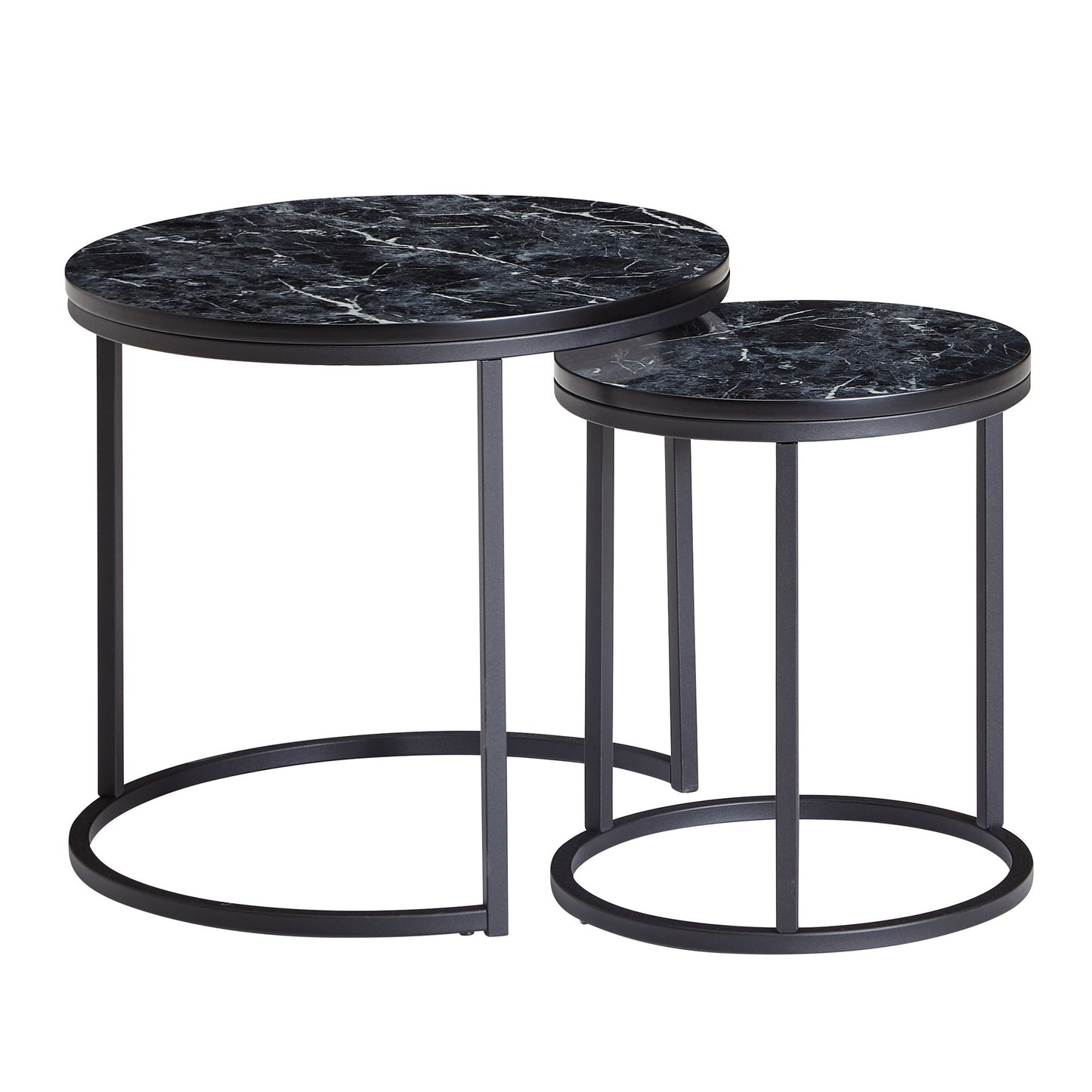 Design Beistelltisch 2er Set Schwarz Marmor Optik Rund Couchtisch 2 teilig Tischgestell Metall  Kleine Wohnzimmertische Moderne Satztische