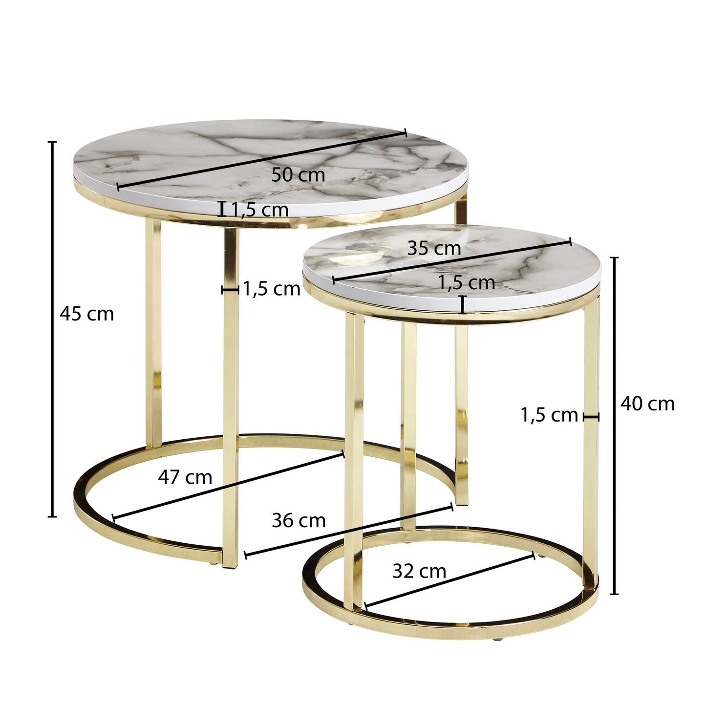 Design Beistelltisch 2er Set Weiss Marmor Optik Rund Couchtisch 2 teilig Tischgestell Metall Gold Kleine Wohnzimmertische Moderne Satztische