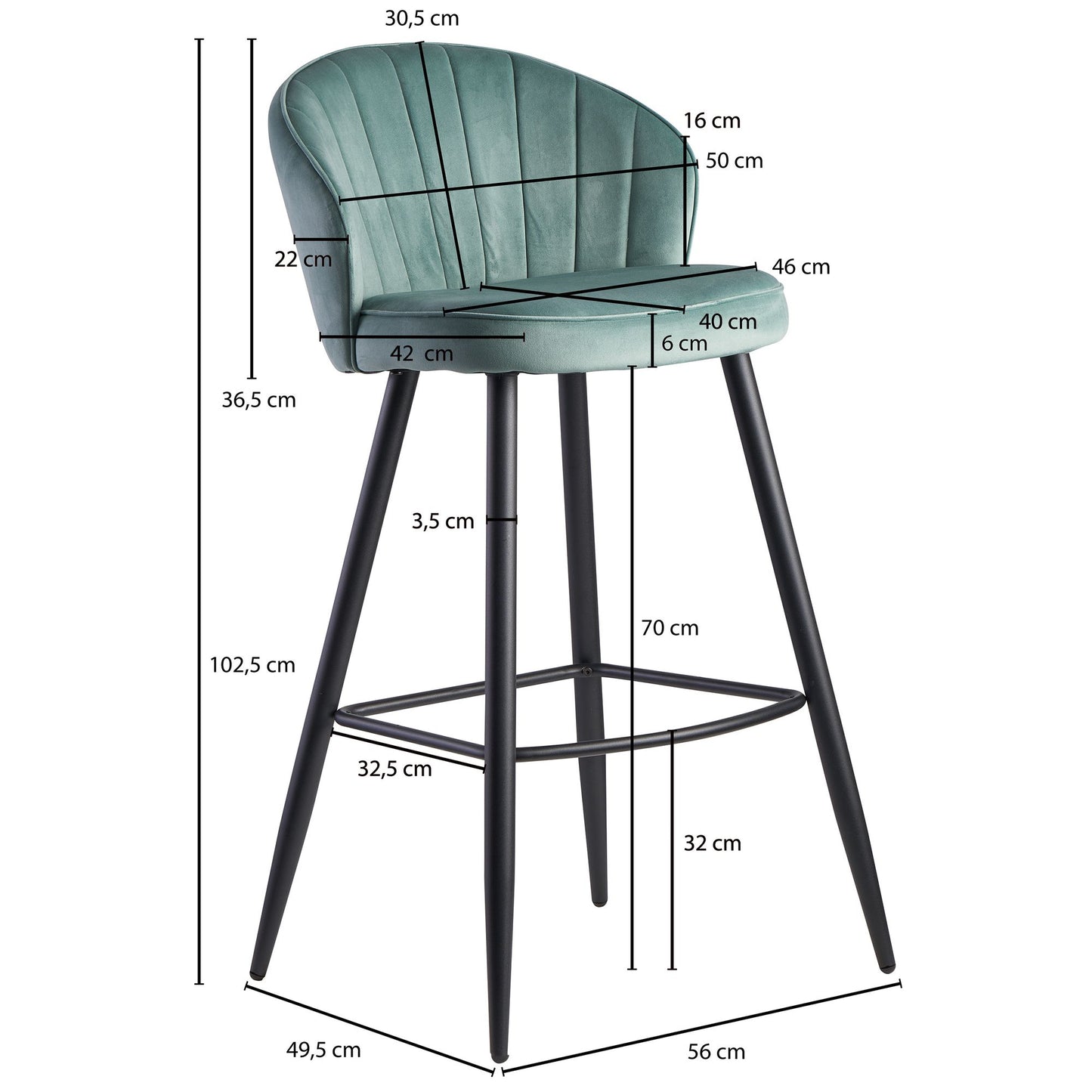 Barhocker Samt Hellgruen Hocker mit Lehne 56 mal 102 5 mal 52 5 cm Kuechenhocker Skandinavisch Stoff Metall 110 kg Design Barstuhl Tresenhocker Bistrohocker Gepolstert