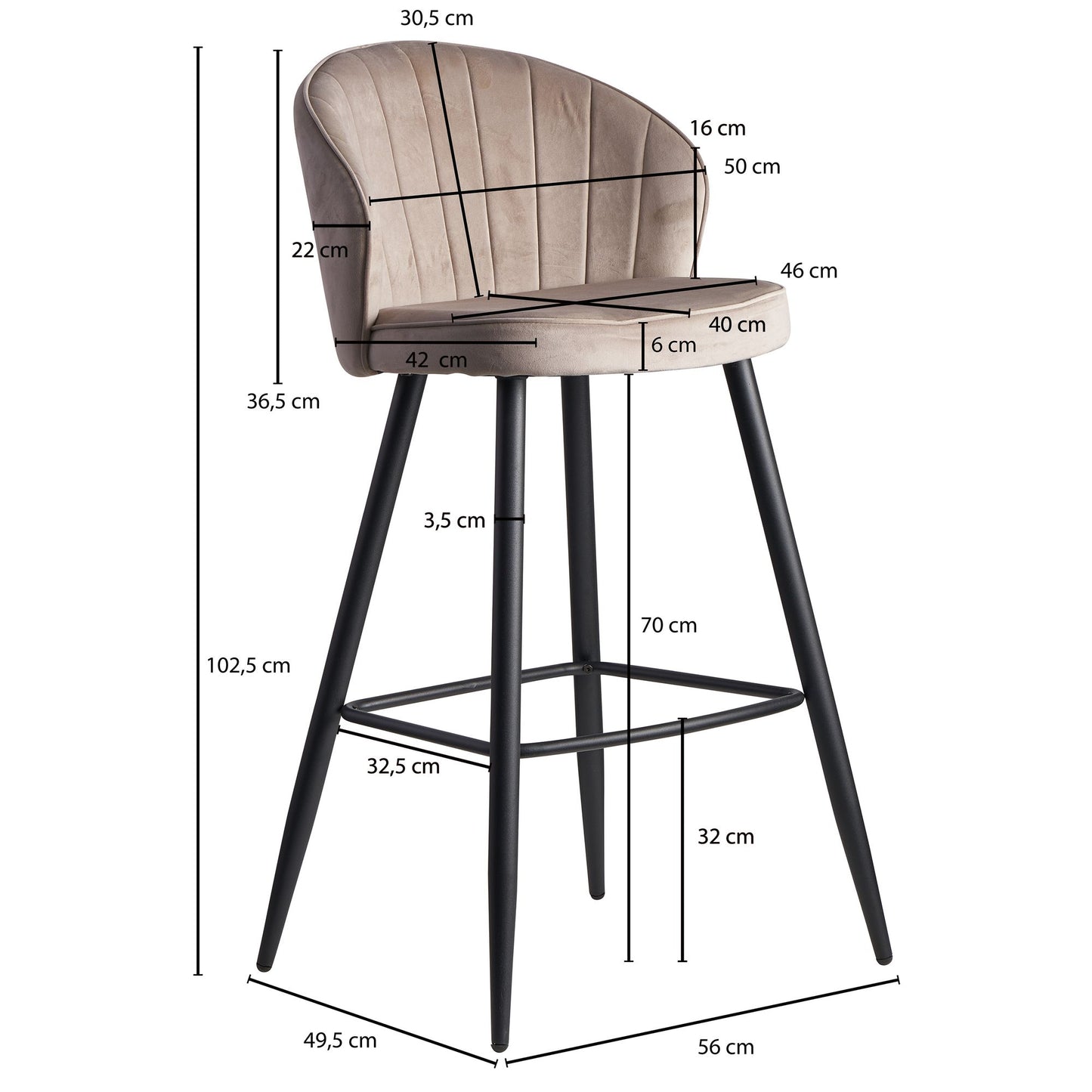 Barhocker Samt Beige Hocker mit Lehne 56 mal 102 5 mal 52 5 cm Kuechenhocker Skandinavisch Stoff Metall 110 kg Design Barstuhl Tresenhocker Bistrohocker Gepolstert