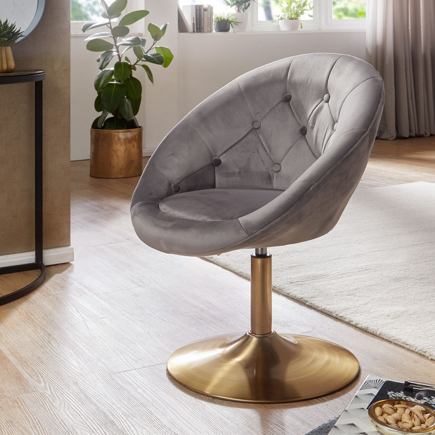 Loungesessel Samt Grau Gold Design Drehstuhl Clubsessel Polsterstuhl mit Rueckenlehne Drehsessel Cocktailsessel Lounge Sessel mit Stoffbezug