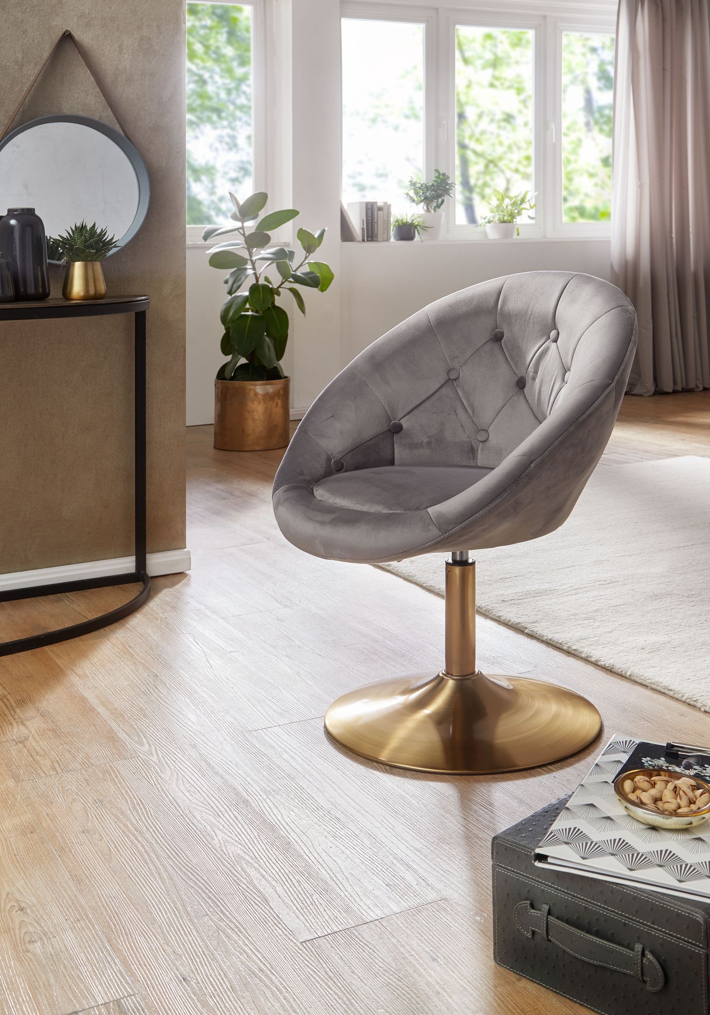 Loungesessel Samt Grau Gold Design Drehstuhl Clubsessel Polsterstuhl mit Rueckenlehne Drehsessel Cocktailsessel Lounge Sessel mit Stoffbezug