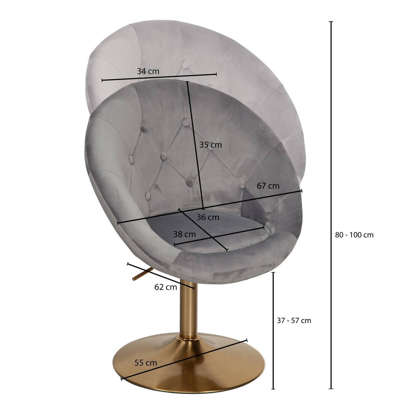 Loungesessel Samt Grau Gold Design Drehstuhl Clubsessel Polsterstuhl mit Rueckenlehne Drehsessel Cocktailsessel Lounge Sessel mit Stoffbezug