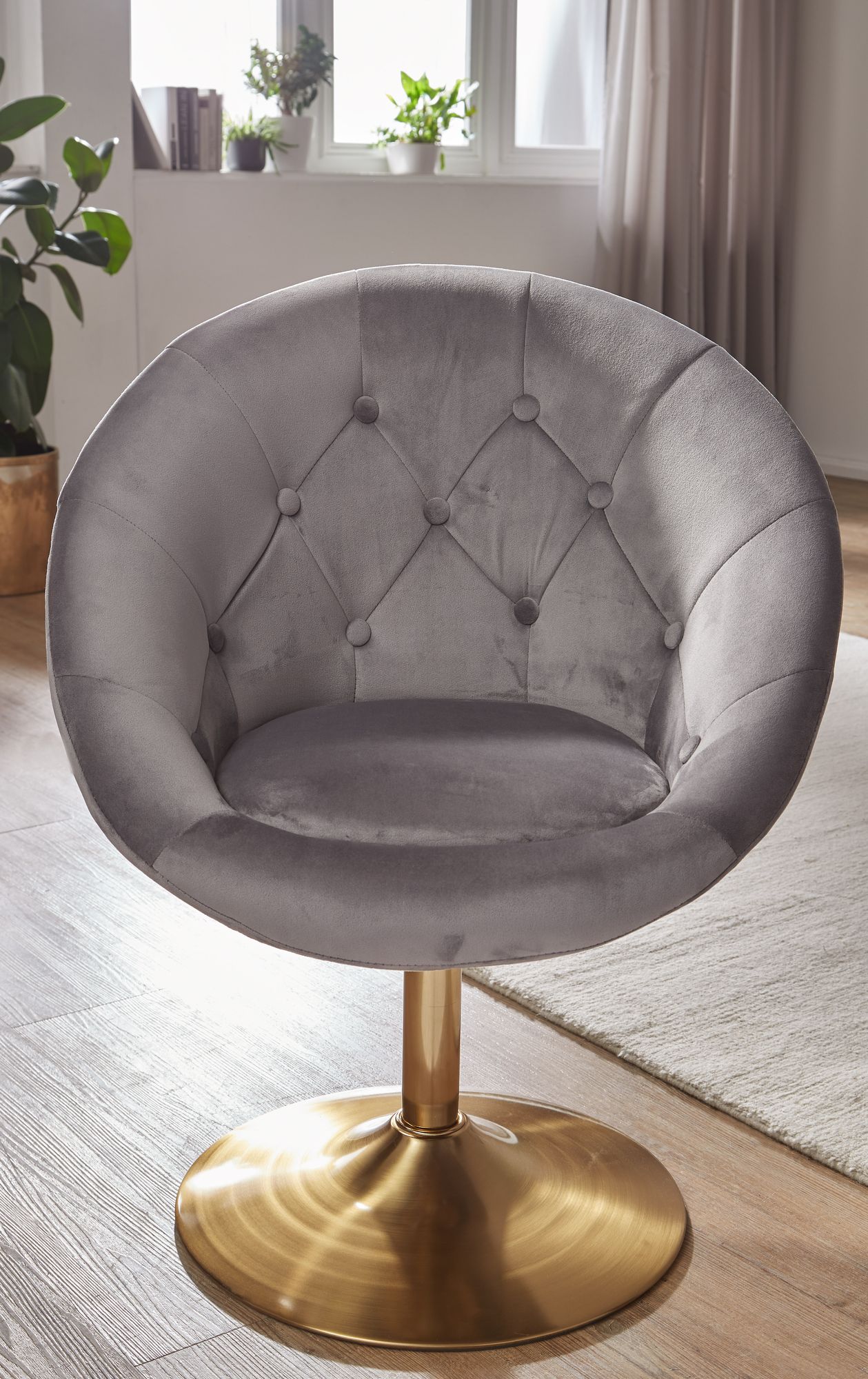 Loungesessel Samt Grau Gold Design Drehstuhl Clubsessel Polsterstuhl mit Rueckenlehne Drehsessel Cocktailsessel Lounge Sessel mit Stoffbezug