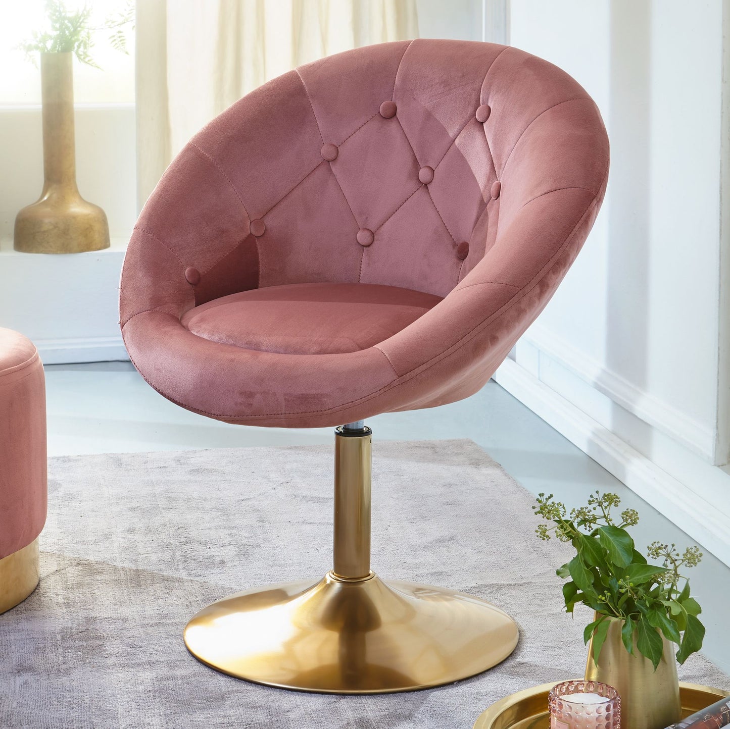 Loungesessel Samt Rosa Gold Design Drehstuhl Clubsessel Polsterstuhl mit Rueckenlehne Drehsessel Cocktailsessel Lounge Sessel mit Stoffbezug