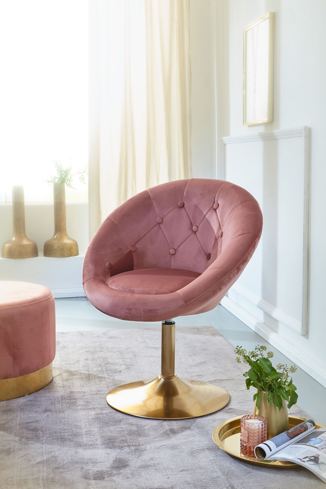 Loungesessel Samt Rosa Gold Design Drehstuhl Clubsessel Polsterstuhl mit Rueckenlehne Drehsessel Cocktailsessel Lounge Sessel mit Stoffbezug