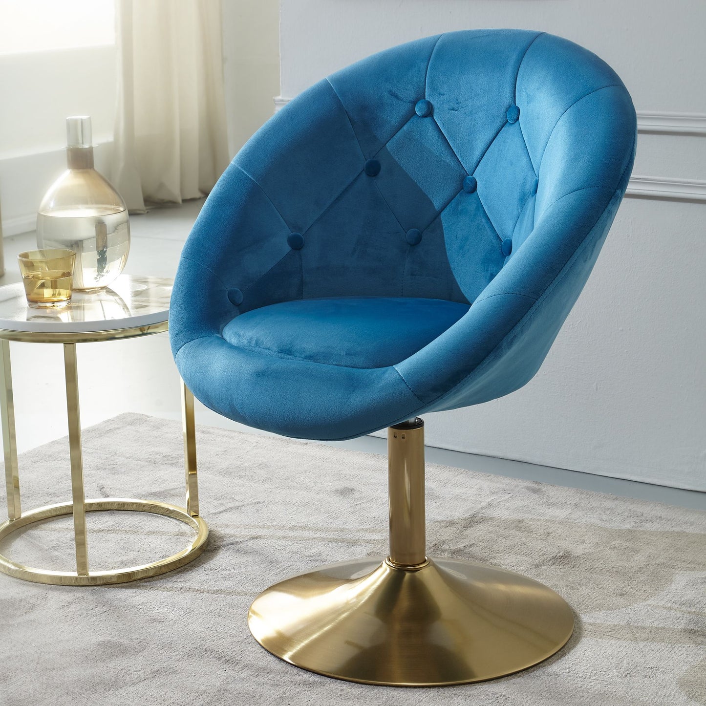 Loungesessel Samt Blau Gold Design Drehstuhl Clubsessel Polsterstuhl mit Rueckenlehne Drehsessel Cocktailsessel Lounge Sessel mit Stoffbezug