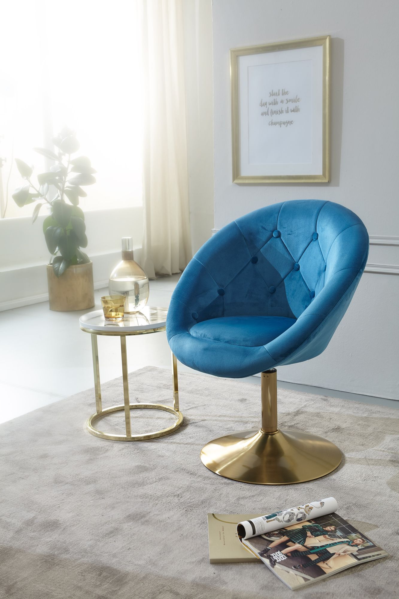 Loungesessel Samt Blau Gold Design Drehstuhl Clubsessel Polsterstuhl mit Rueckenlehne Drehsessel Cocktailsessel Lounge Sessel mit Stoffbezug