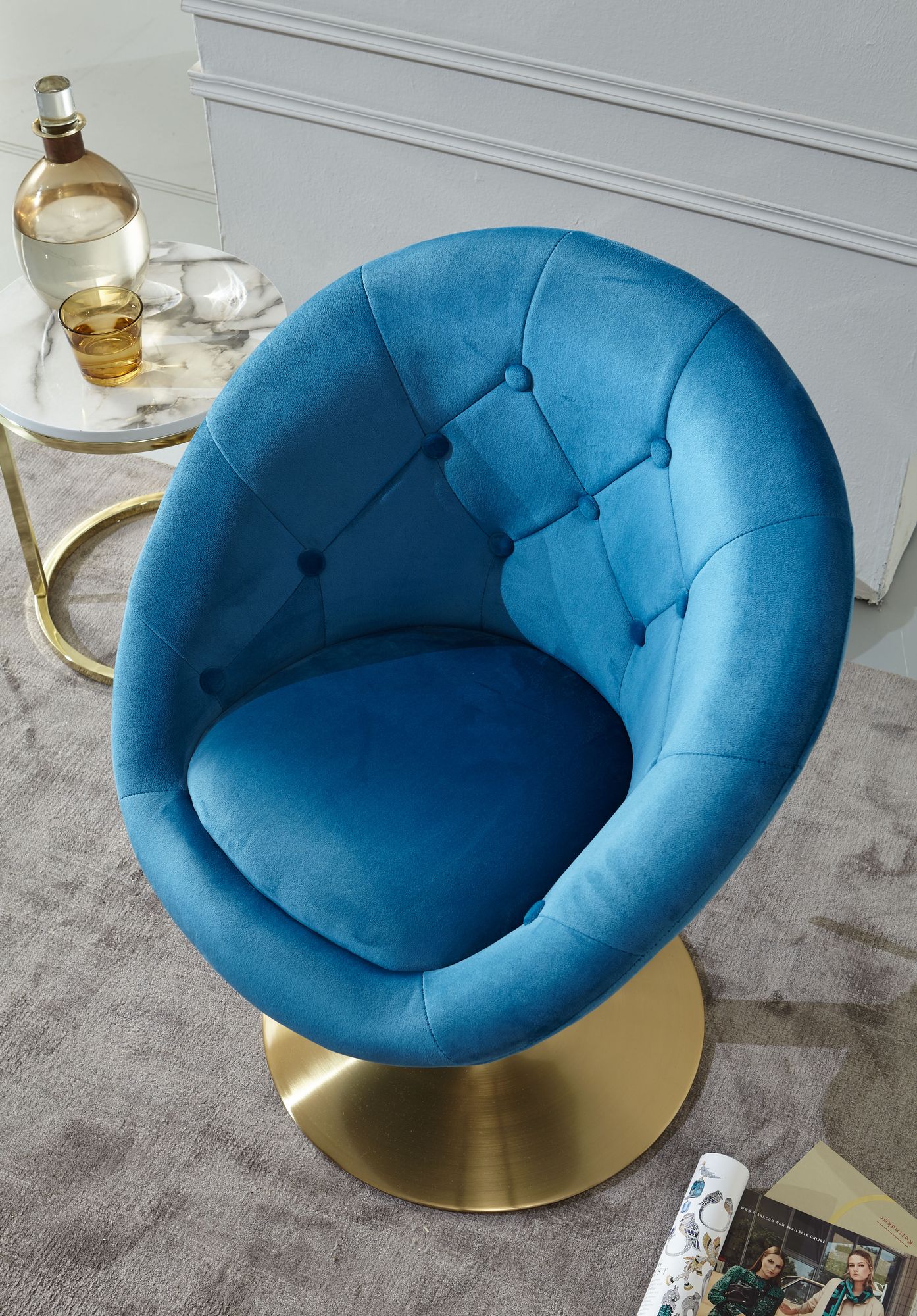 Loungesessel Samt Blau Gold Design Drehstuhl Clubsessel Polsterstuhl mit Rueckenlehne Drehsessel Cocktailsessel Lounge Sessel mit Stoffbezug