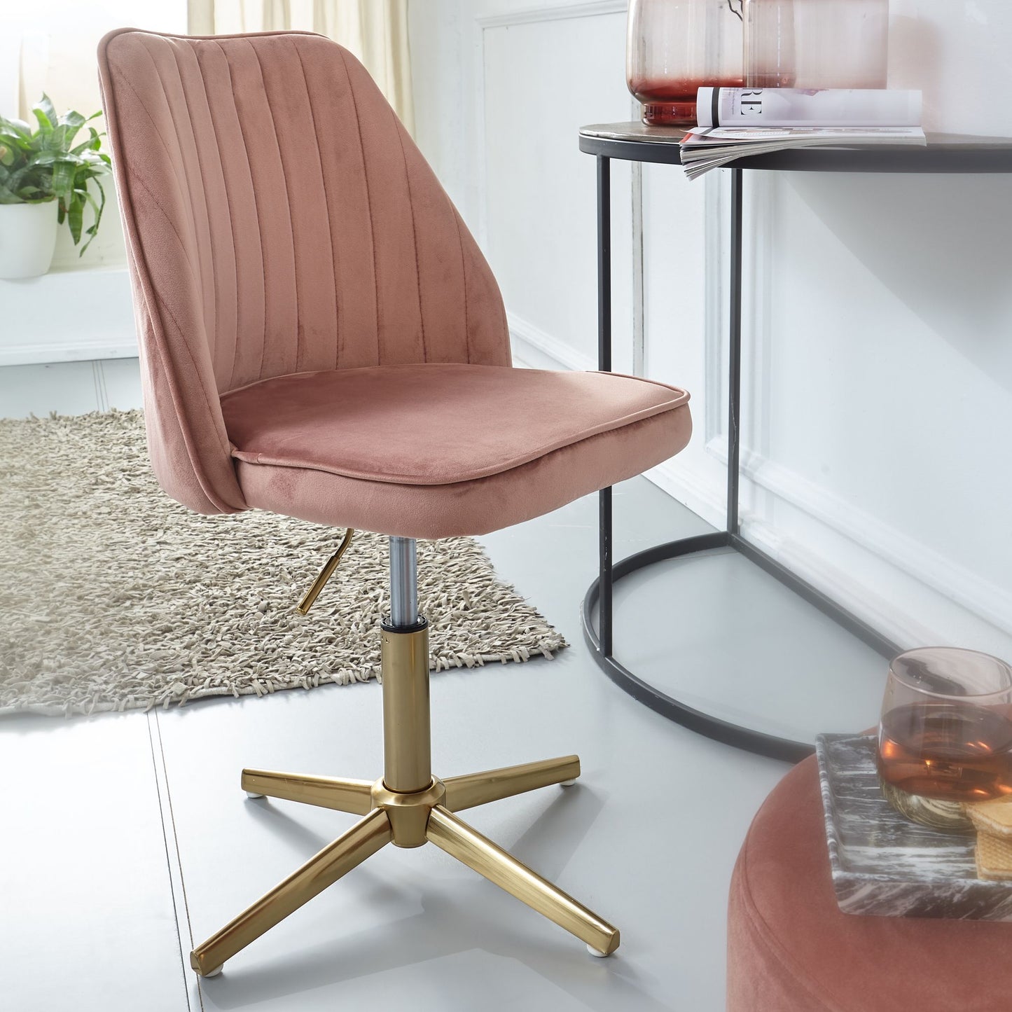 Schreibtischstuhl Rosa Samt Design Drehstuhl mit Lehne Schalenstuhl 120 kg Hoehenverstellbar Arbeitsstuhl ohne Rollen Stuhl Schreibtisch Home Office Drehbar