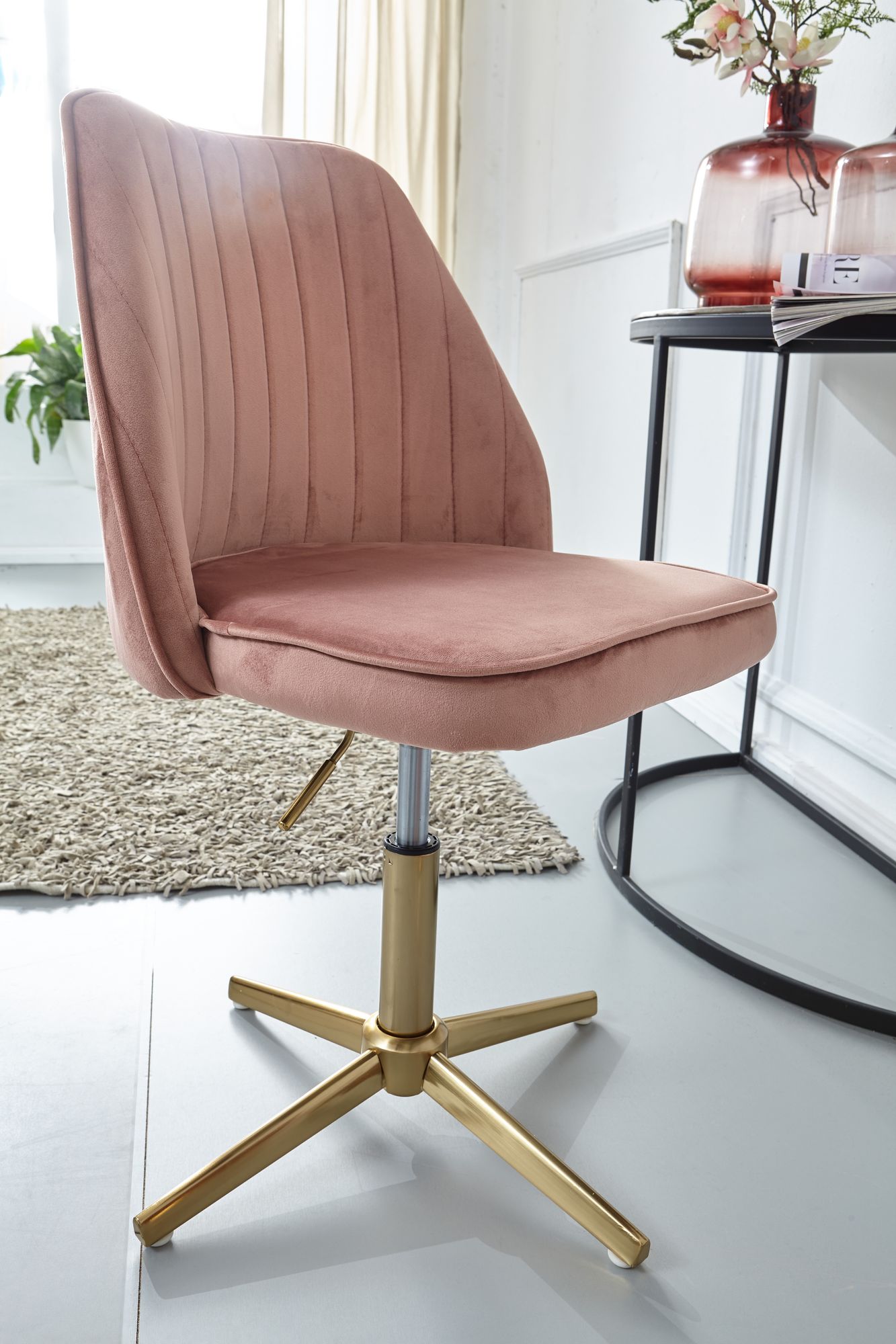 Schreibtischstuhl Rosa Samt Design Drehstuhl mit Lehne Schalenstuhl 120 kg Hoehenverstellbar Arbeitsstuhl ohne Rollen Stuhl Schreibtisch Home Office Drehbar