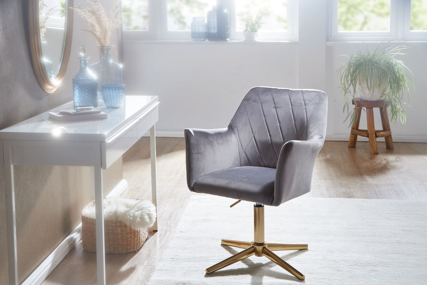 Schreibtischstuhl Grau Samt Design Drehstuhl mit Lehne Schalenstuhl 120 kg Hoehenverstellbar Arbeitsstuhl ohne Rollen Stuhl Schreibtisch Home Office Drehbar