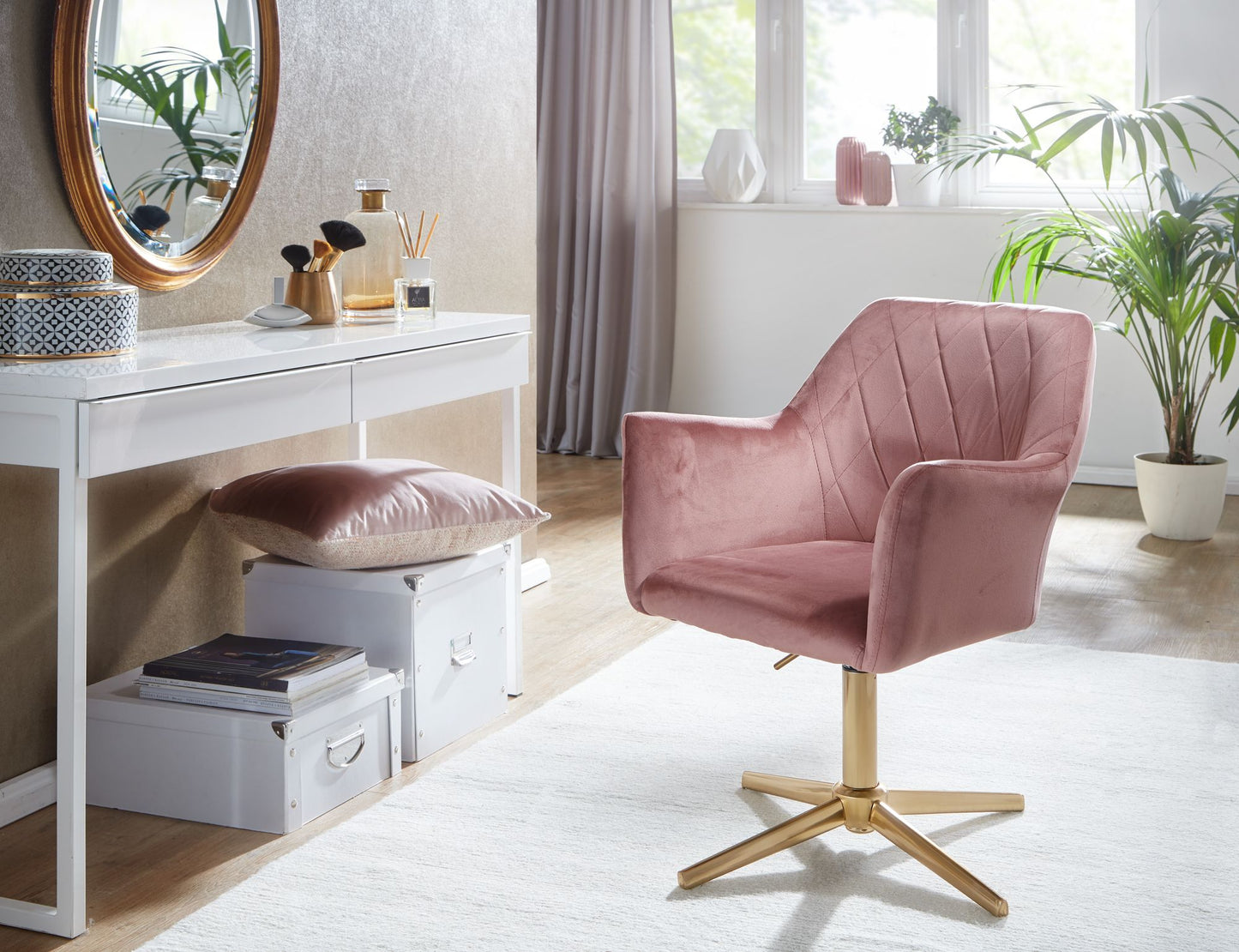 Schreibtischstuhl Rosa Samt Design Drehstuhl mit Lehne Schalenstuhl 120 kg Hoehenverstellbar Arbeitsstuhl ohne Rollen Stuhl Schreibtisch Home Office Drehbar