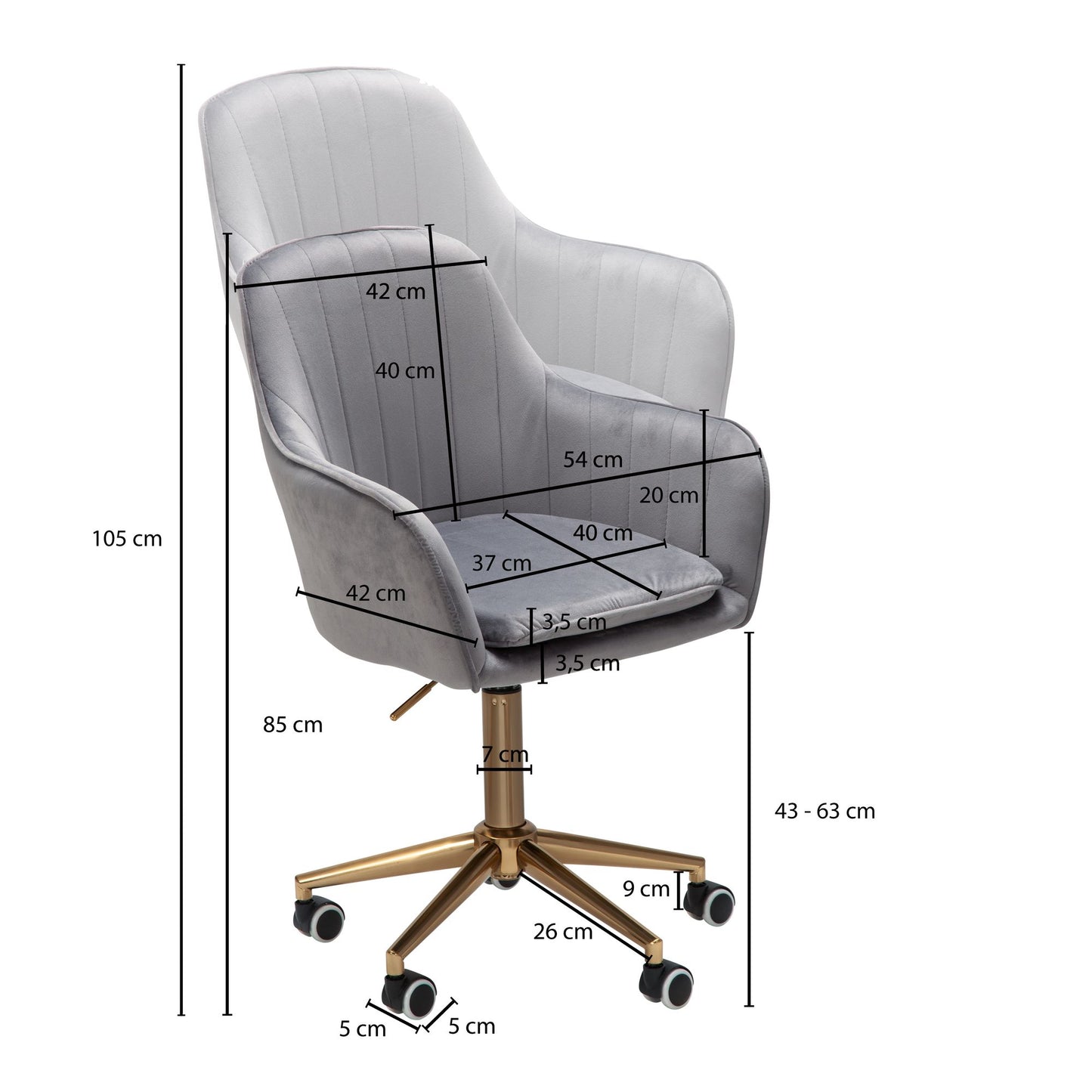 Schreibtischstuhl Samt Grau Design Drehstuhl mit Lehne Arbeitsstuhl 120 kg Hoehenverstellbar Schalenstuhl mit Rollen Stuhl Drehbar