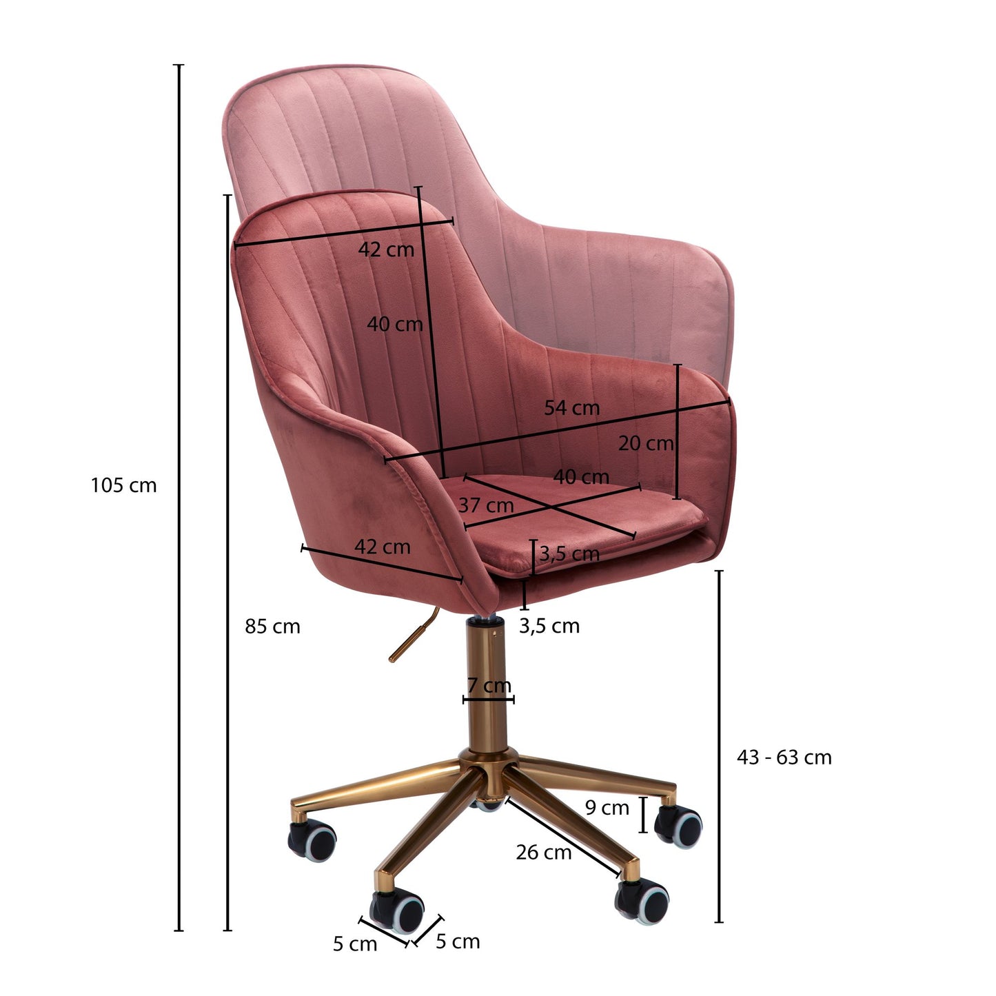 Schreibtischstuhl Samt Rosa Design Drehstuhl mit Lehne Arbeitsstuhl 120 kg Hoehenverstellbar Schalenstuhl mit Rollen Stuhl Drehbar