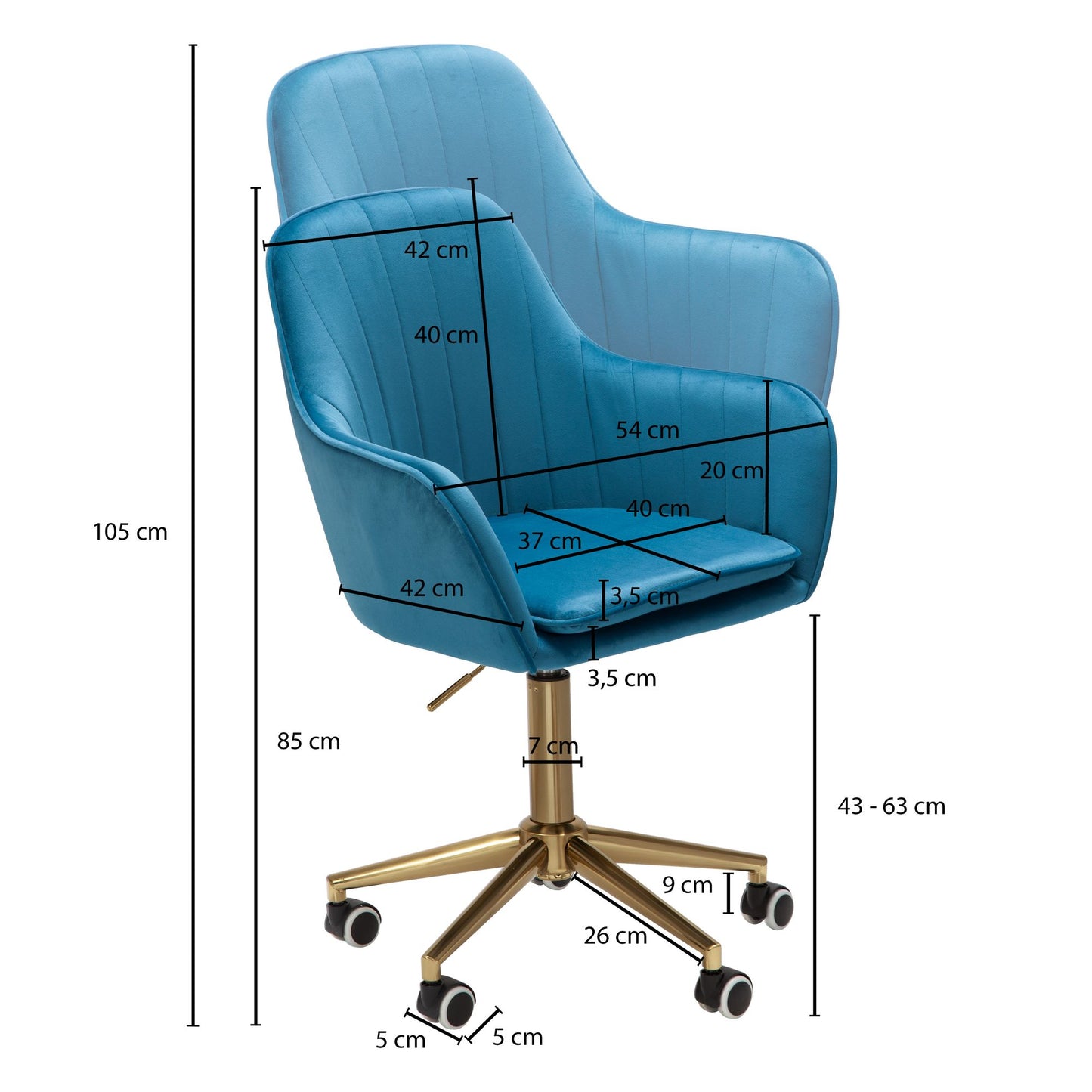 Schreibtischstuhl Samt Blau Design Drehstuhl mit Lehne Arbeitsstuhl 120 kg Hoehenverstellbar Schalenstuhl mit Rollen Stuhl Drehbar