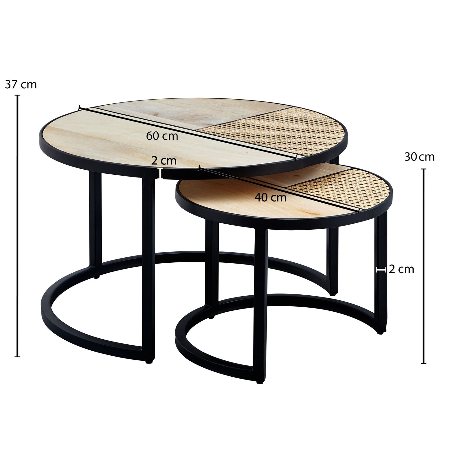 Design Wohnzimmertisch 2er Set Mango Rattan Beistelltisch Rund Couchtisch Wiener Geflecht Tischset 2 teilig mit Metallbeine Satztisch Holz Metall