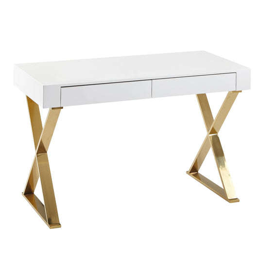 Schreibtisch 118 mal 76 mal 57 cm Holz Hochglanz Weiss Metallbeine Golden Design Computertisch PC Tisch Buerotisch Modern Konsolentisch Schubladen