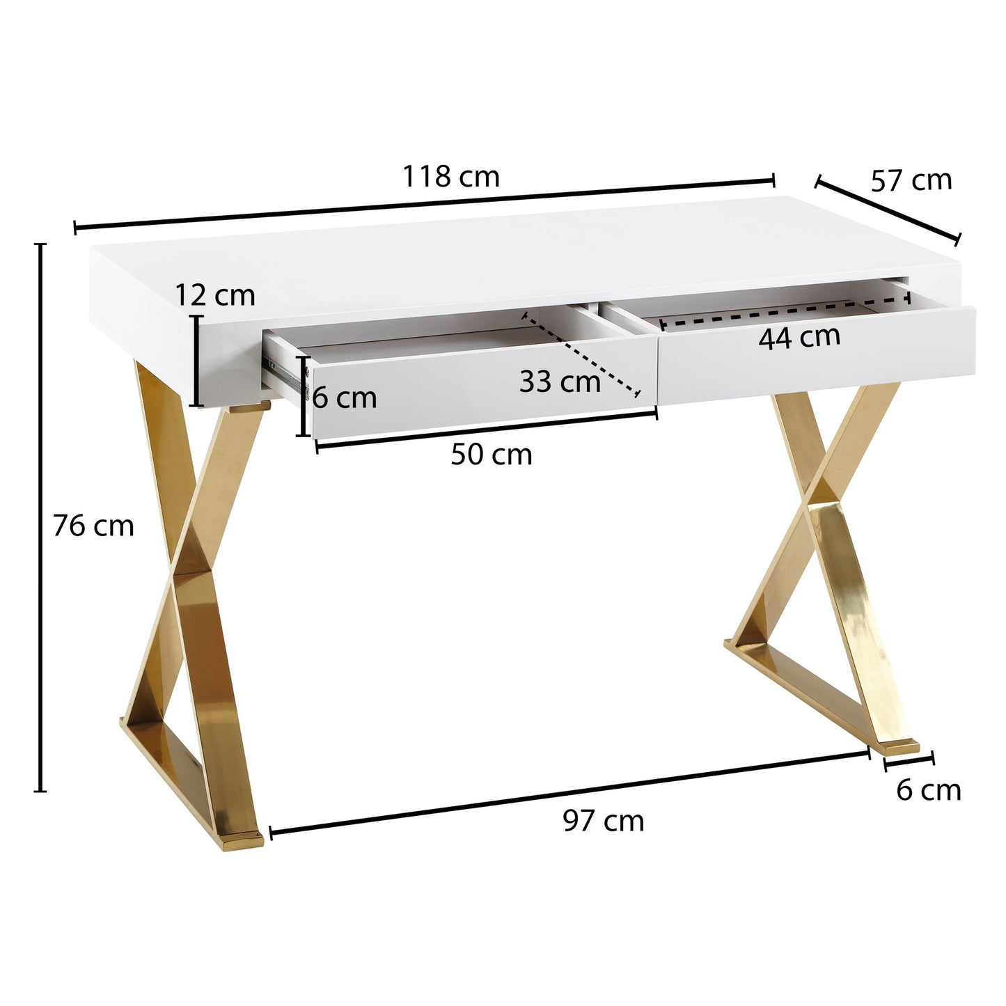 Schreibtisch 118 mal 76 mal 57 cm Holz Hochglanz Weiss Metallbeine Golden Design Computertisch PC Tisch Buerotisch Modern Konsolentisch Schubladen