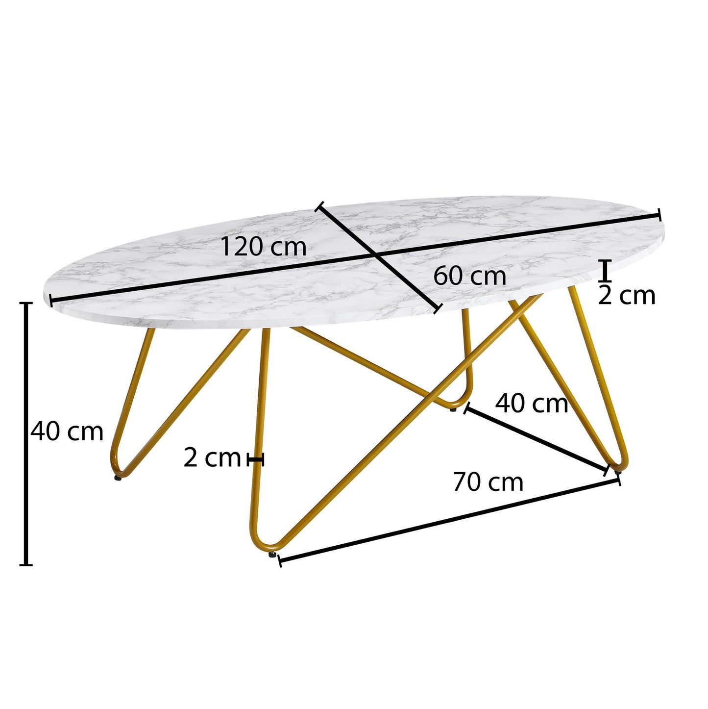 Couchtisch 120 mal 40 mal 60 cm mit Marmor Optik Weiss Wohnzimmertisch mit Metall Gestell Sofatisch Oval Tisch Wohnzimmer Loungetisch