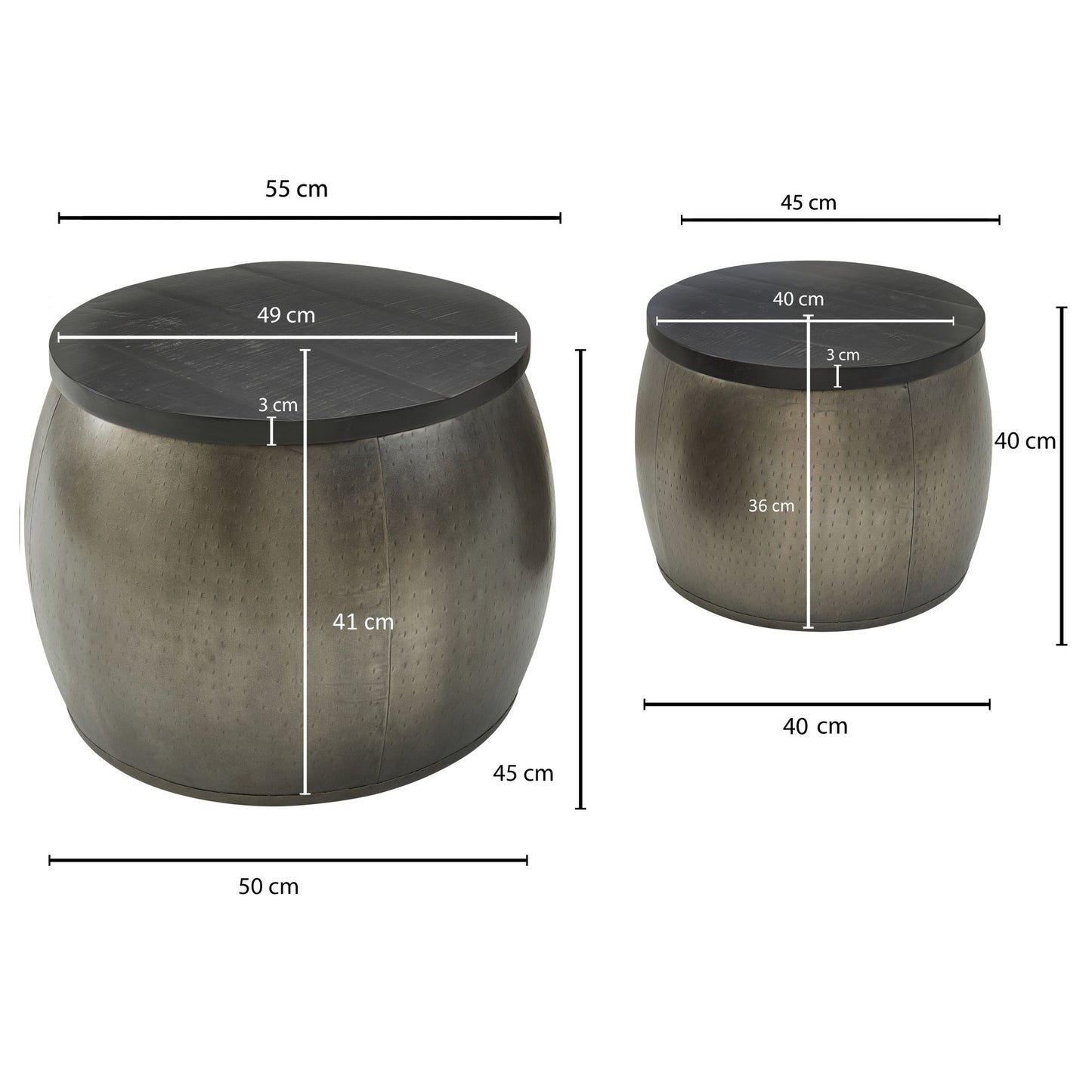 Design Couchtisch 2er Set Mango Massivholz Satztisch Rund Silber Wohnzimmertisch Aluminium abnehmbarer Deckel Beistelltisch Modern Metall Holz 2 teilig mit Stauraum