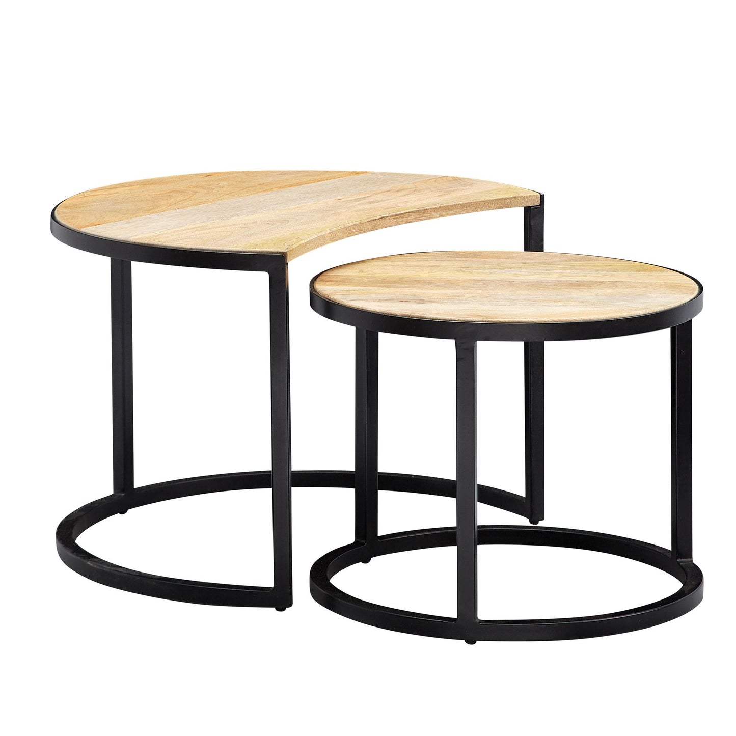 Couchtisch 2er Set Mango Massivholz Metall Wohnzimmertisch Rund Industrial Beistelltisch mit Metallbeine Schwarz Tischset 2 teilig Satztisch Holz
