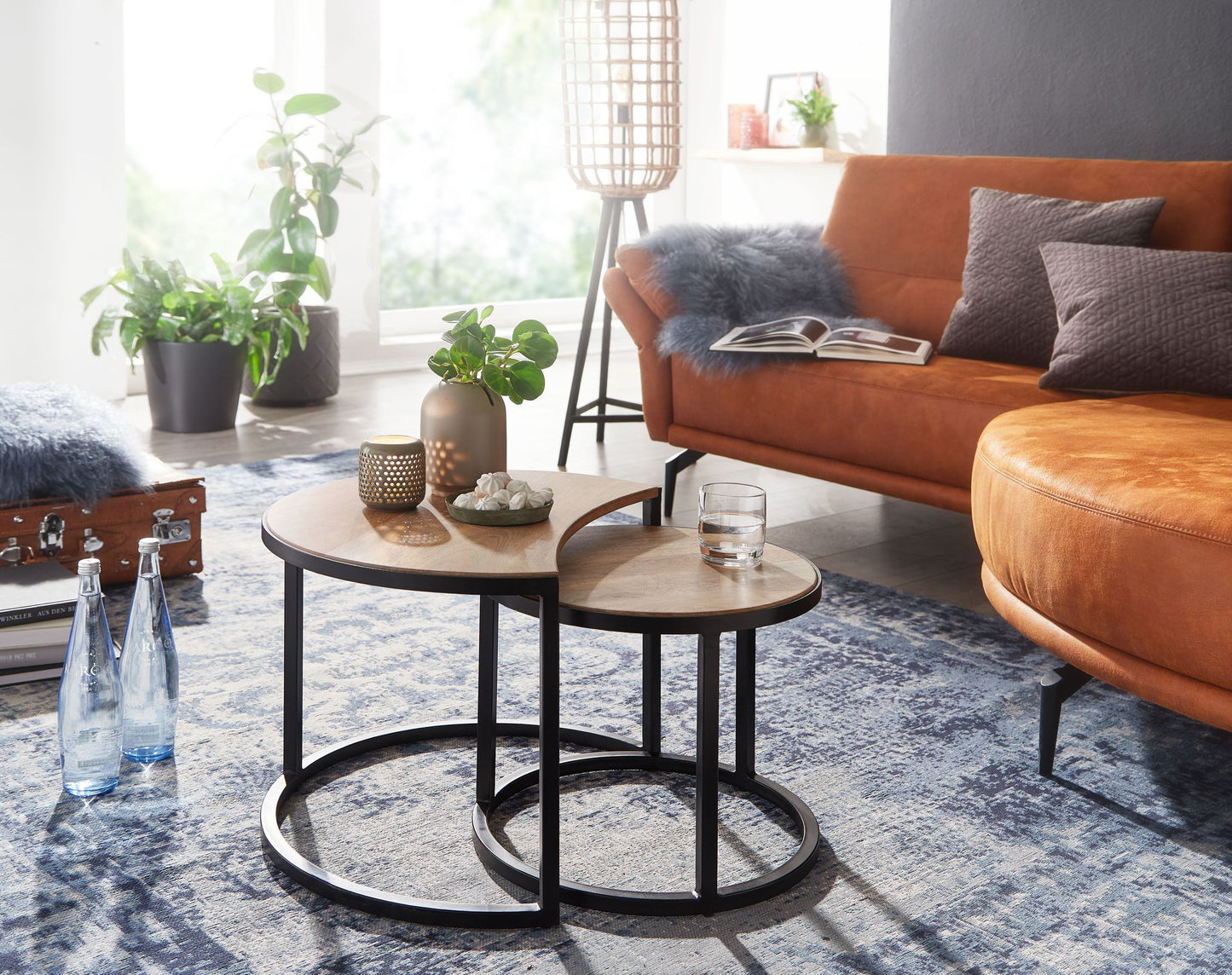 Couchtisch 2er Set Mango Massivholz Metall Wohnzimmertisch Rund Industrial Beistelltisch mit Metallbeine Schwarz Tischset 2 teilig Satztisch Holz