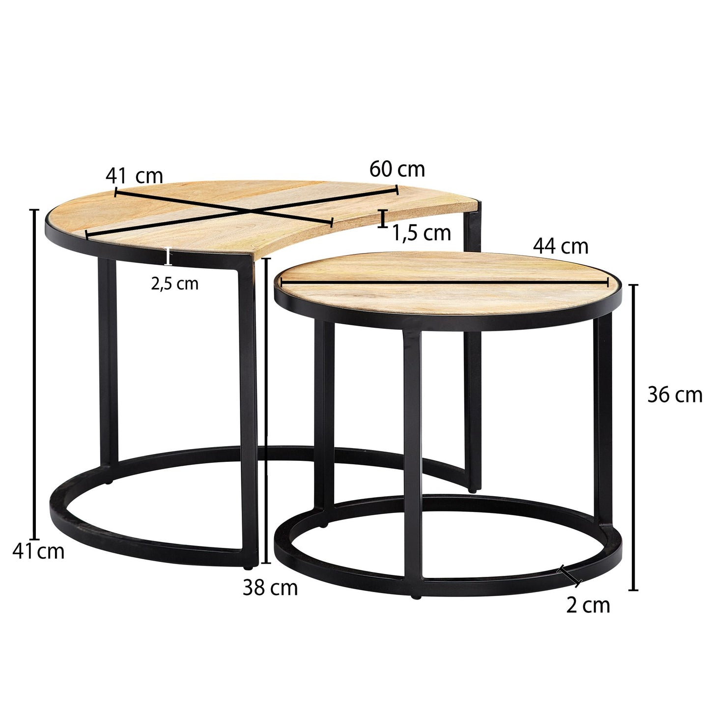 Couchtisch 2er Set Mango Massivholz Metall Wohnzimmertisch Rund Industrial Beistelltisch mit Metallbeine Schwarz Tischset 2 teilig Satztisch Holz