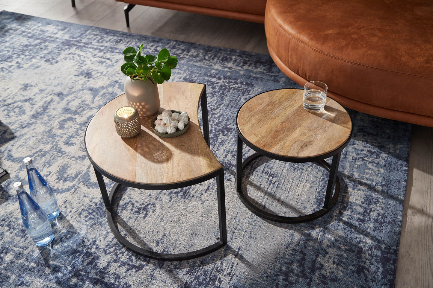 Couchtisch 2er Set Mango Massivholz Metall Wohnzimmertisch Rund Industrial Beistelltisch mit Metallbeine Schwarz Tischset 2 teilig Satztisch Holz