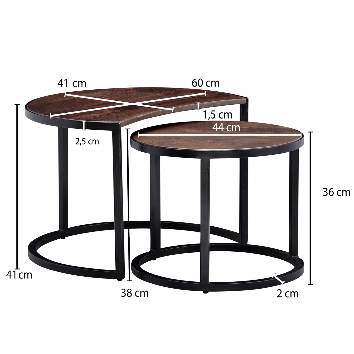 Couchtisch 2er Set Mango Massivholz Metall Wohnzimmertisch Rund Industrial Beistelltisch mit Metallbeine Schwarz Tischset 2 teilig Satztisch Holz
