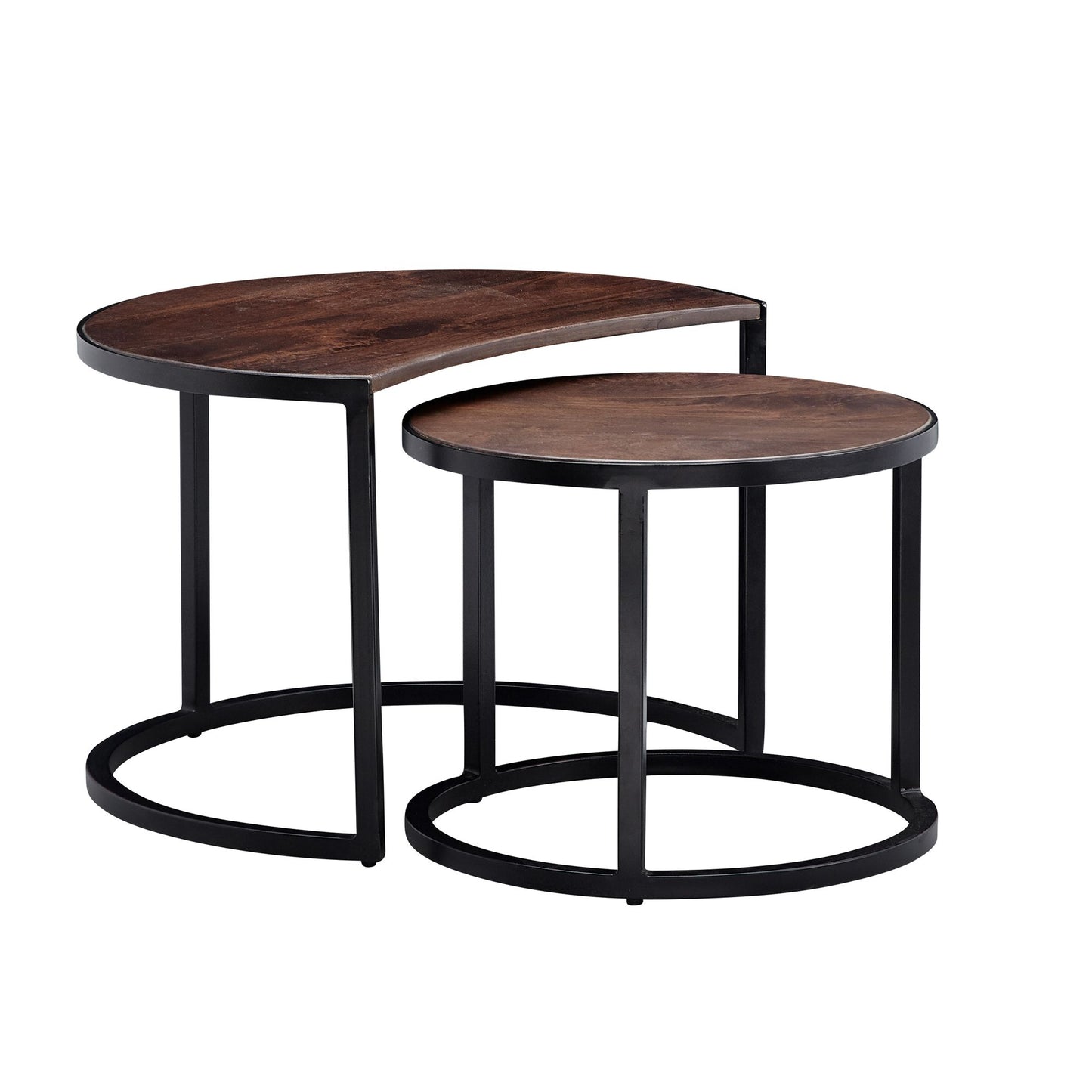 Couchtisch 2er Set Mango Massivholz Metall Wohnzimmertisch Rund Industrial Beistelltisch mit Metallbeine Schwarz Tischset 2 teilig Satztisch Holz