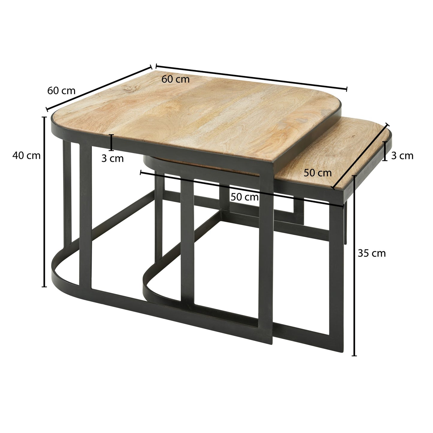 Couchtisch 2er Set Mango Massivholz Metall Wohnzimmertisch Hell Industrial Satztisch Beistelltisch Metallbeine Schwarz Tischset 2 teilig Satztisch Holz