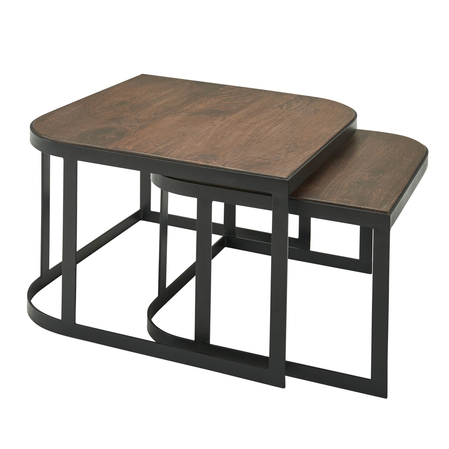Couchtisch 2er Set Mango Massivholz Metall Wohnzimmertisch Dunkel Industrial Satztisch Beistelltisch Metallbeine Schwarz Tischset 2 teilig Satztisch Holz