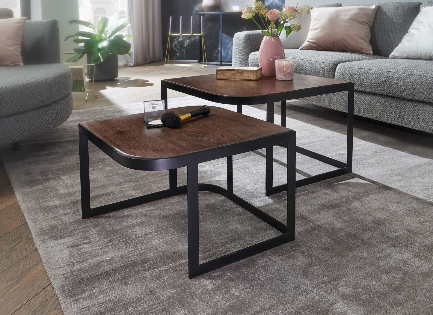 Couchtisch 2er Set Mango Massivholz Metall Wohnzimmertisch Dunkel Industrial Satztisch Beistelltisch Metallbeine Schwarz Tischset 2 teilig Satztisch Holz