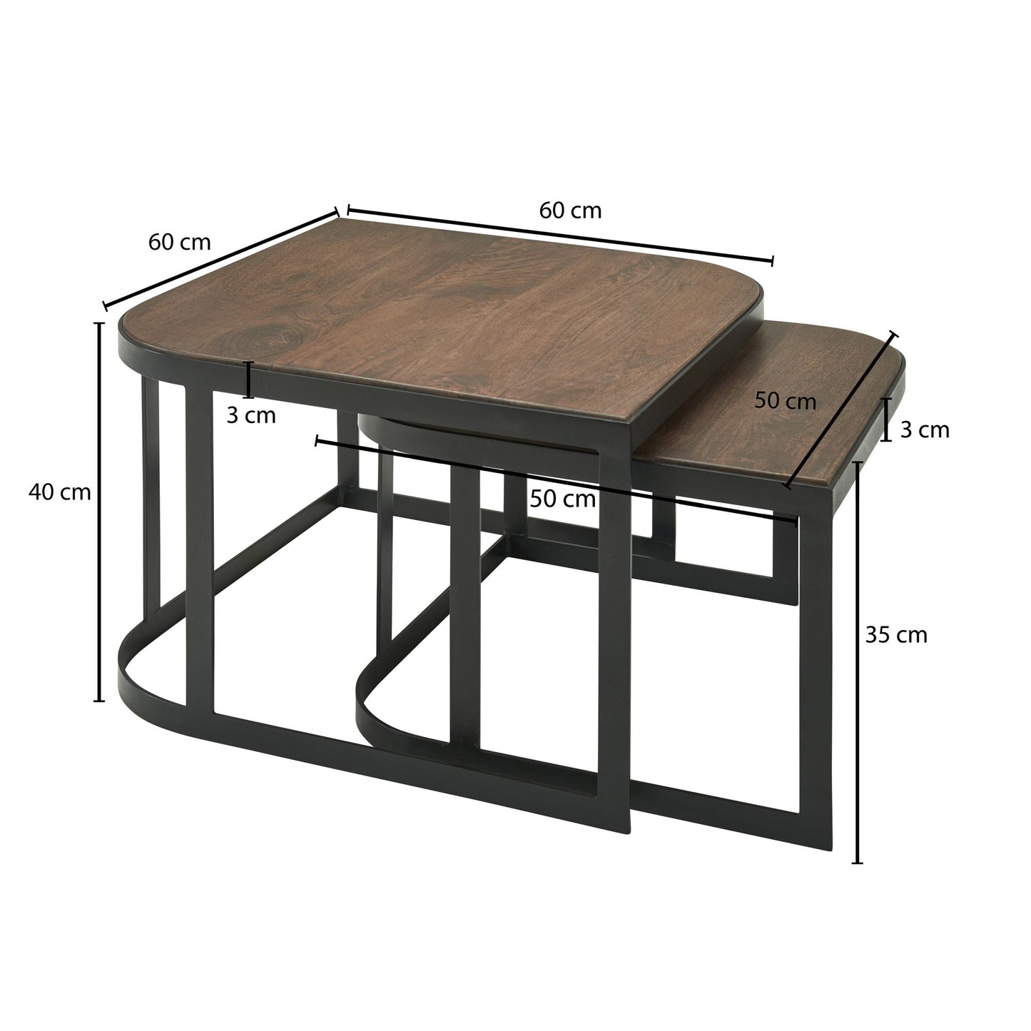 Couchtisch 2er Set Mango Massivholz Metall Wohnzimmertisch Dunkel Industrial Satztisch Beistelltisch Metallbeine Schwarz Tischset 2 teilig Satztisch Holz