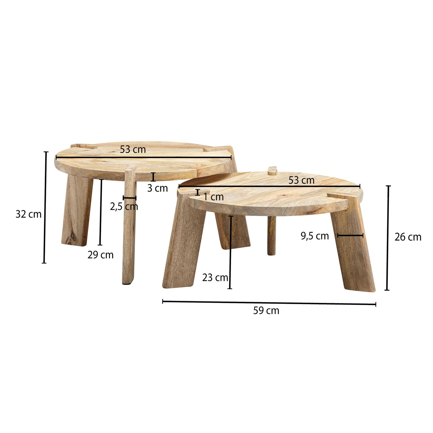 Design Couchtisch 2er Set Mango Massivholz Wohnzimmertisch Hell Satztisch Holztisch Rund Beistelltisch Tischset 2 teilig Kaffeetisch Holz